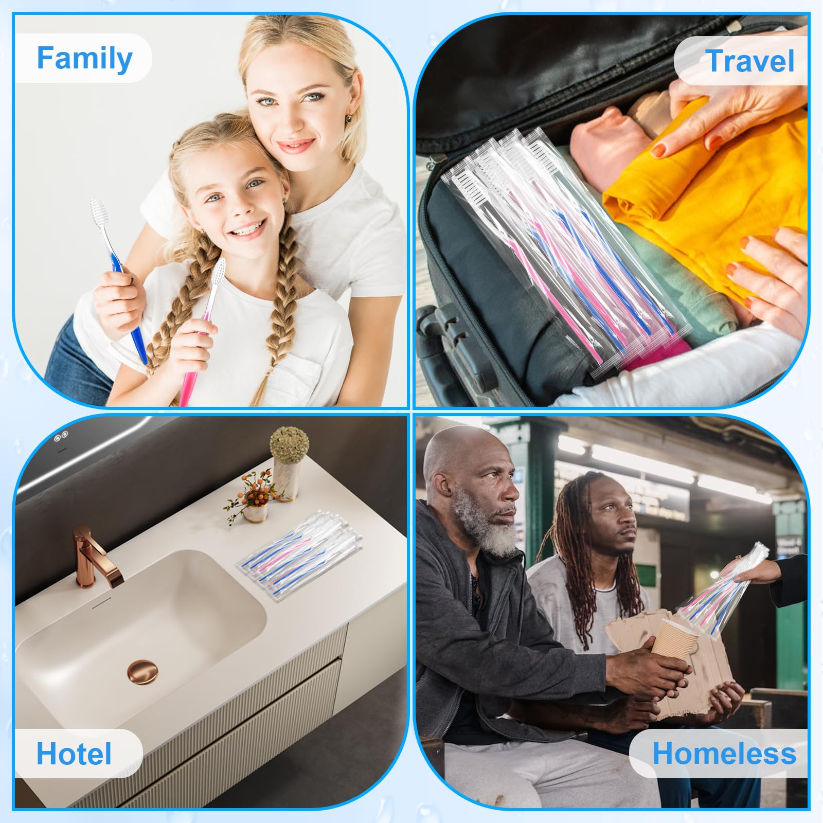 Set di 200 spazzolini da denti preincollati usa e getta, confezionati singolarmente, con setole morbide, set di spazzolini da denti da viaggio per senzatetto, regalo per hotel, campeggio