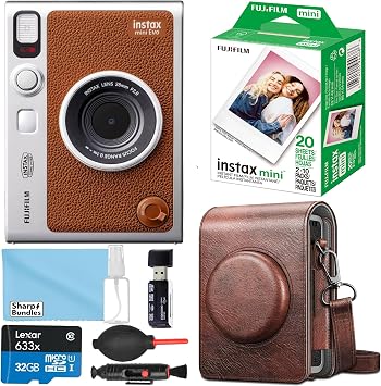 Fujifilm Instax Mini EVO Hybrid Brown Instant Camera | Instax Mini Instant Film | 32GB microSD Card with Adapter | Brown Camera Case