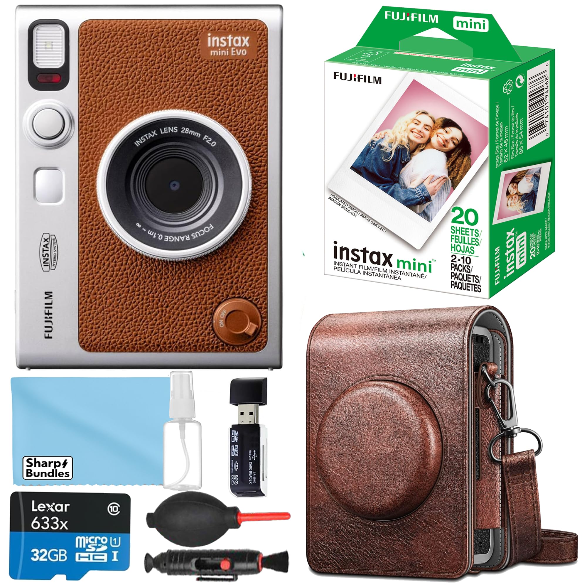Fujifilm Instax Mini EVO Hybrid Brown Instant Camera | Instax Mini Instant Film | 32GB microSD Card with Adapter | Brown Camera Case