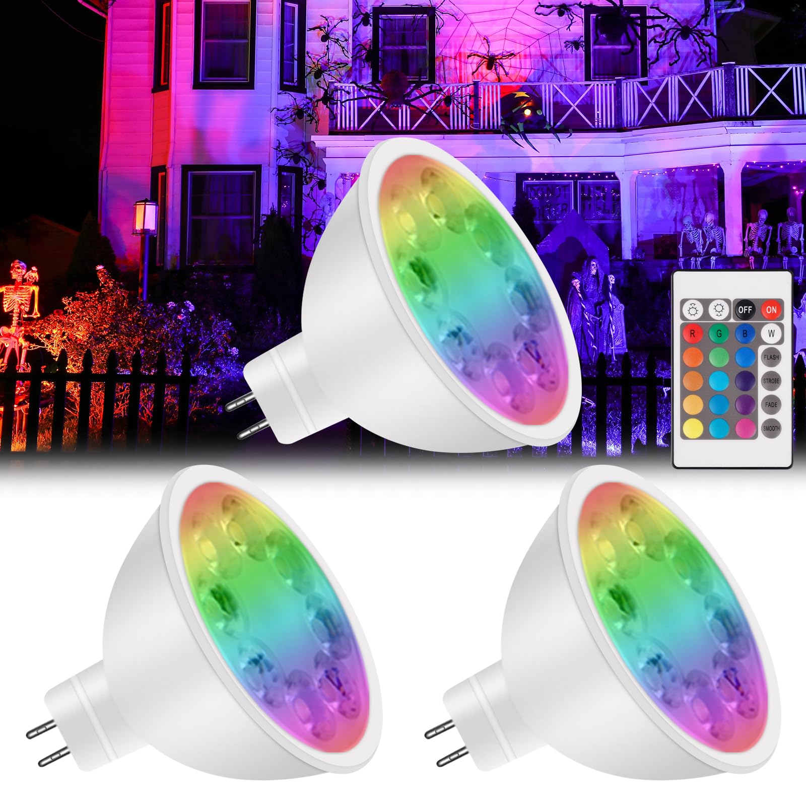 MR16 Color Changing LED Bulbs, MR16 LED Bulbs 4W 12V GU5.3 Bi-Pin Base, RGB MR16 Color Changing Spotlight, Warm White+15 Multicolor for Landscape Lighting (3 Bulbs with a Remote)
