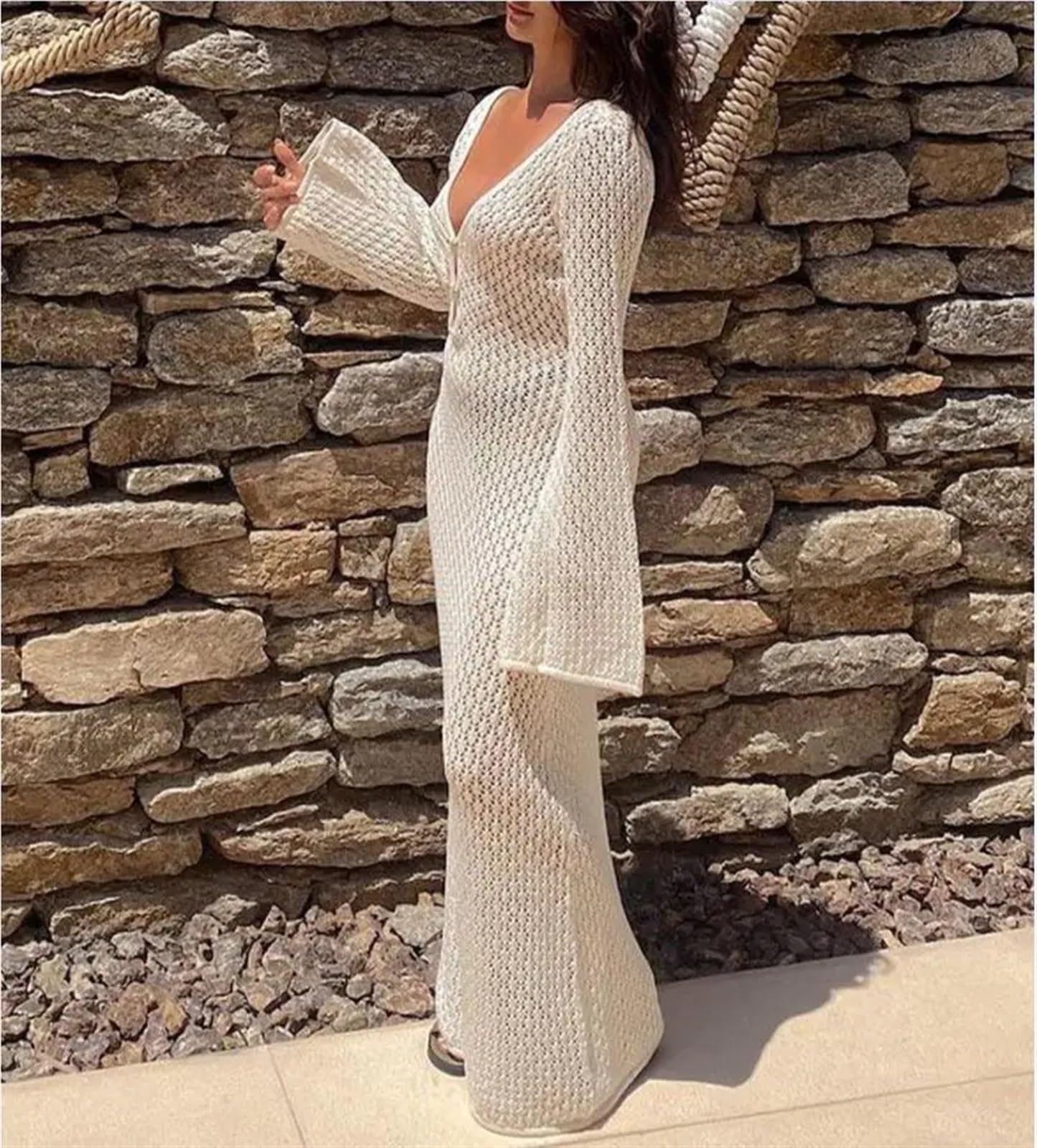 Vestido de Playa de Punto Largo for Mujer, Cuello en V Profundo, Manga Larga, Vestido de Bikini, Vestido de Vacaciones sin Espalda de otoño para Mujer(Brown,M)