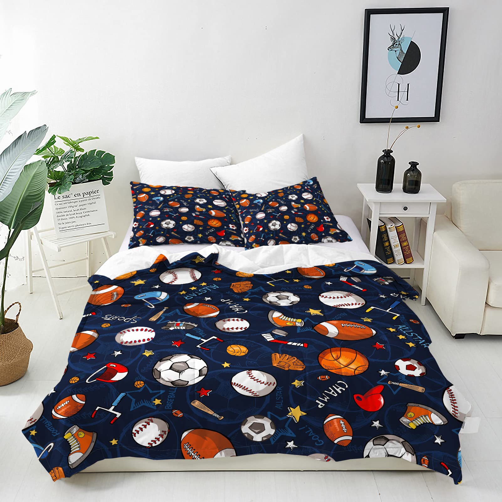 ANHOPE Sports Theme Duvet Cover Set Soft Lightweight 3Pcs Bedding Set including 2 Pillowcase Football Soccer Basketball Baseball Print Pattern Kids Boys Teens Quilt Cover with Zipper Closure Single Size