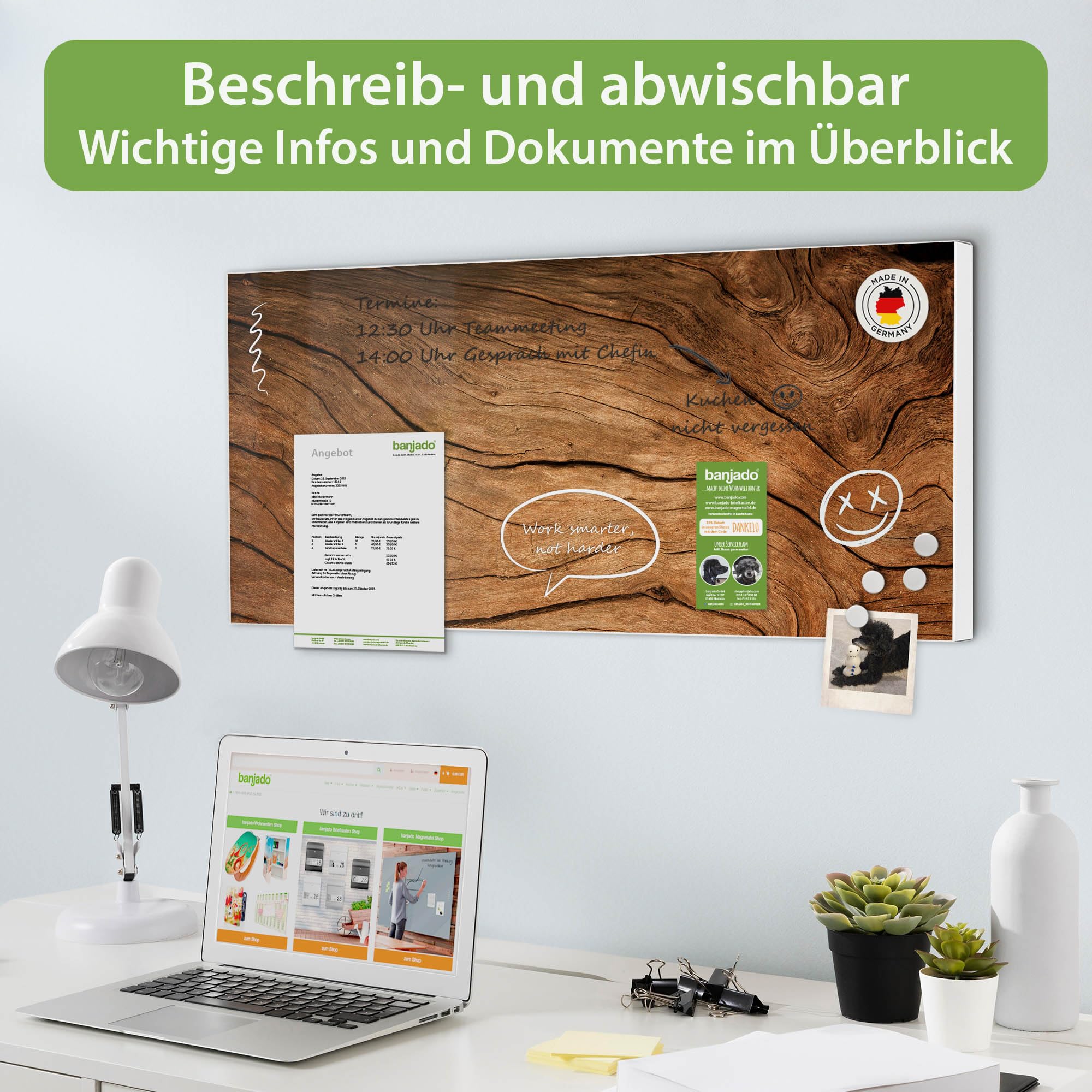 banjado Magnettafel Metall 78 x 37cm - beschreibbare Magnettafel - Metall Pinnwand als Memoboard - Magnetwand Küche, Büro, Kinderzimmer Weiß inkl. 4 Magnete & Montageset - Motiv Trockenes Holz