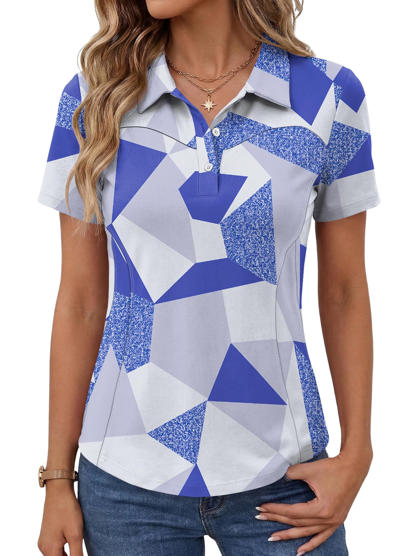IECCP Damen Poloshirt Golf Shirt Kurzarm Polohemd Schnelltrocknend Tennis SportShirts Leicht Atmungsaktiv Tops Workout Sommershirts 2026 mit 3-Knopfleiste(Blau Weiß Druck,L)