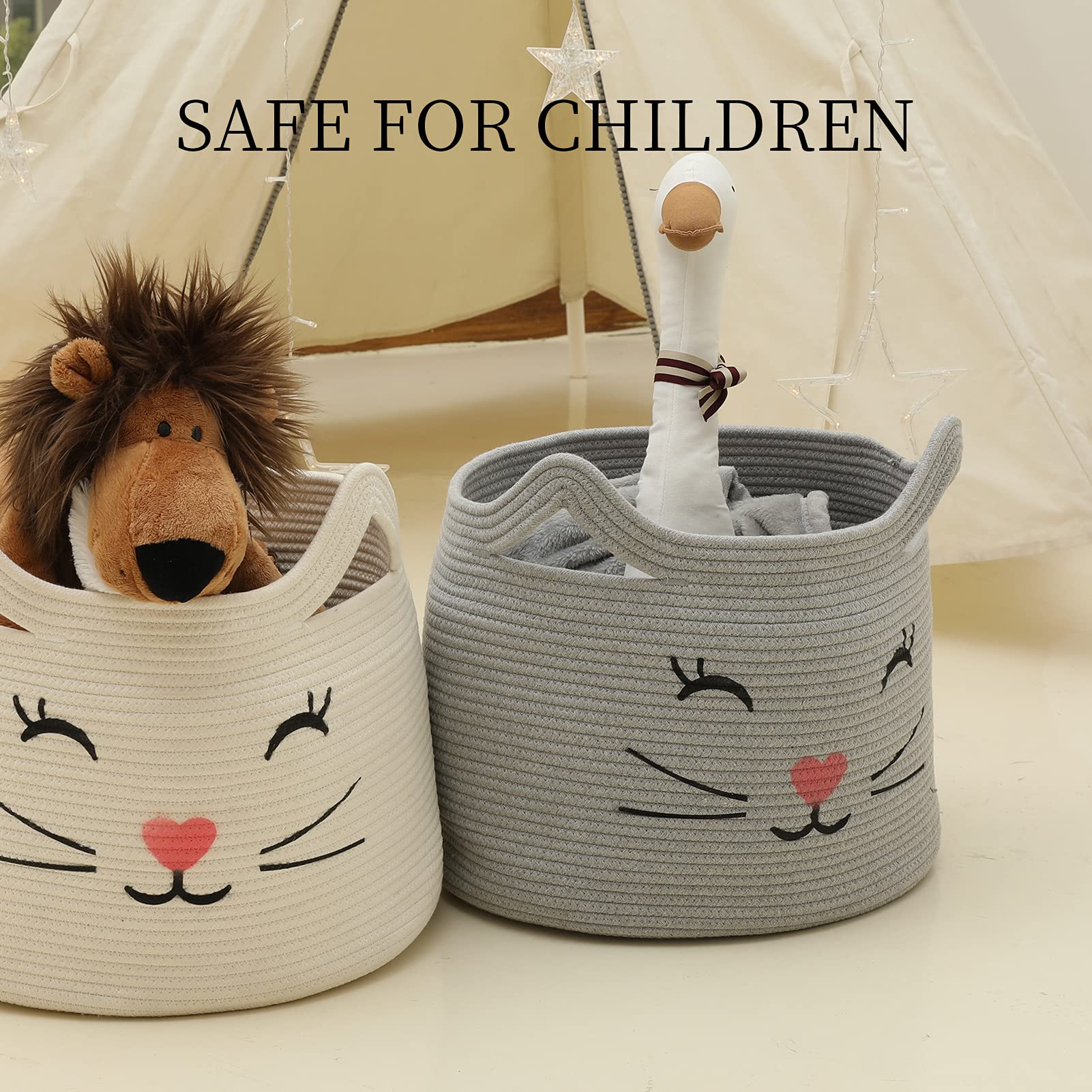 ZLG Cat Face Baby Basket - Handmade Standing Basket With Handles For Nursery