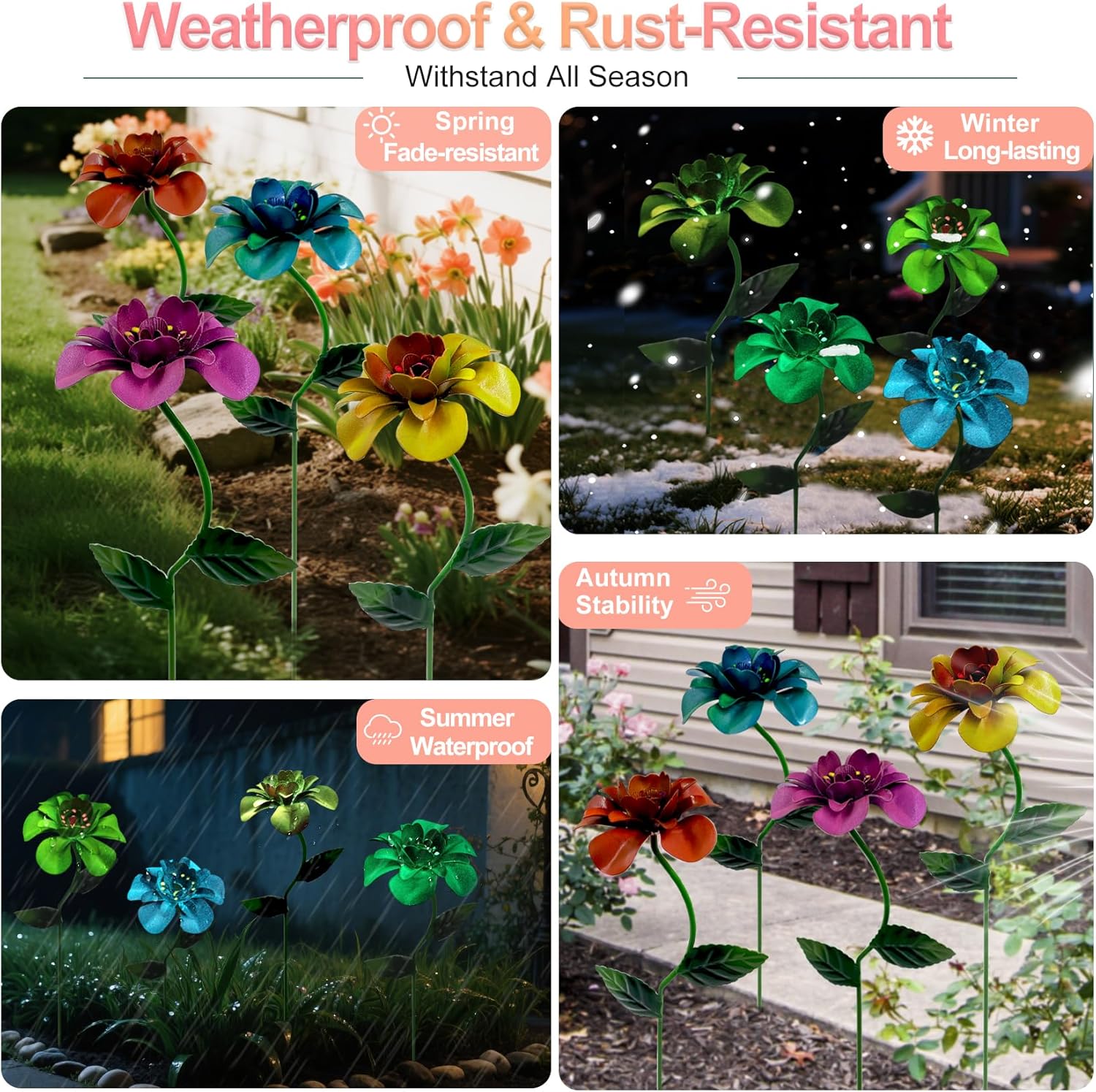 Glow-in-Dark Metal Flowers for Outside, 4 Pack Garden Stakes Waterproof, Angela Roses Yard Art, Decorative Garden Stakes for Lawn, Planters, Porch and Pathway