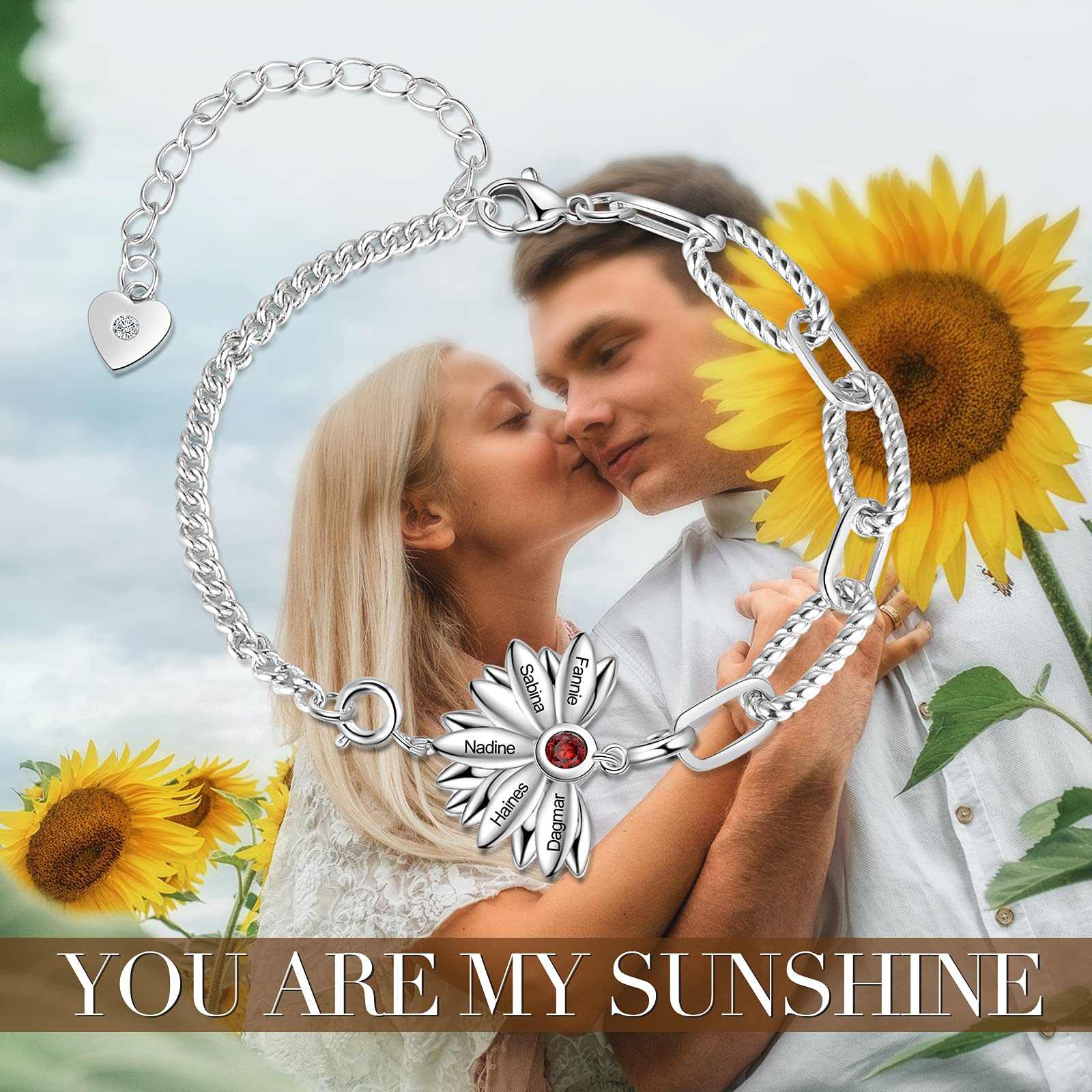 Pulsera personalizada para mujer, pulsera de plata 925 con piedra natal ajustable de girasol grabado con 2 nombres, joyería de Navidad, regalos para mamá o novia, cumpleaños, Cubic Zirconia,