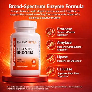 Eat E-Z Ultra Advanced Digestive Enzyme Supplement Broad-Spectrum Multi-Enzyme Formula for Heavier & Harder-to-Digest Meals Supports Occasional Bloating, Gas & Indigestion 45 Vegetarian Capsules