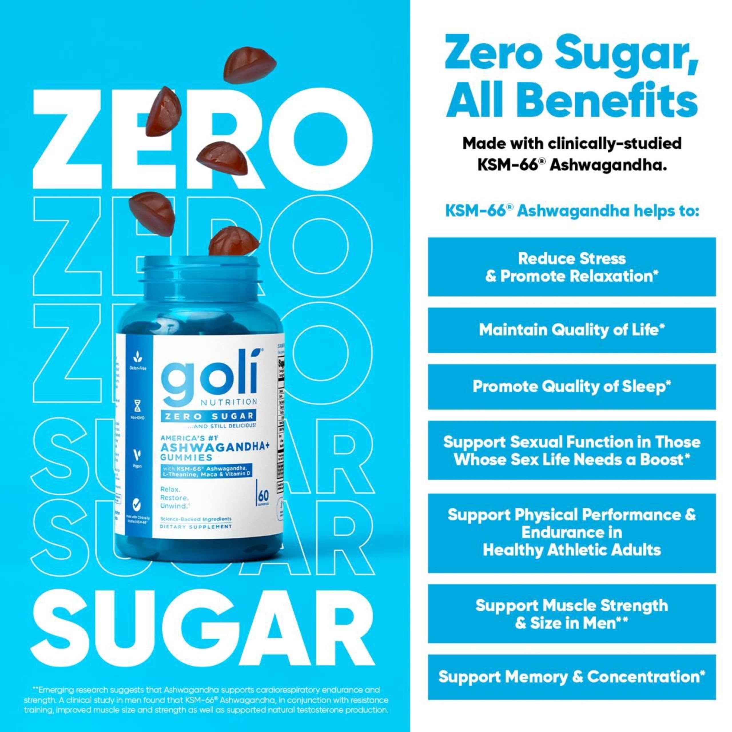 Goli Zero Sugar Ashwagandha Gummies with KSM-66, L-Theanine, Maca and Vitamin D - No Sugar Alcohols - Vegan, Keto-Friendly, Non-GMO — Amazon image 2