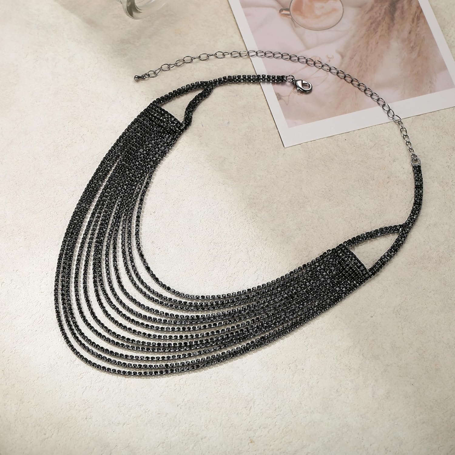 Flyonce Multi Layered Choker Collar Necklace, Glitter Rhinestone Crystal Tassel Multi-Strand Fringe Chains Bib Statement Necklace Prom Jewelry for Women - Image 4