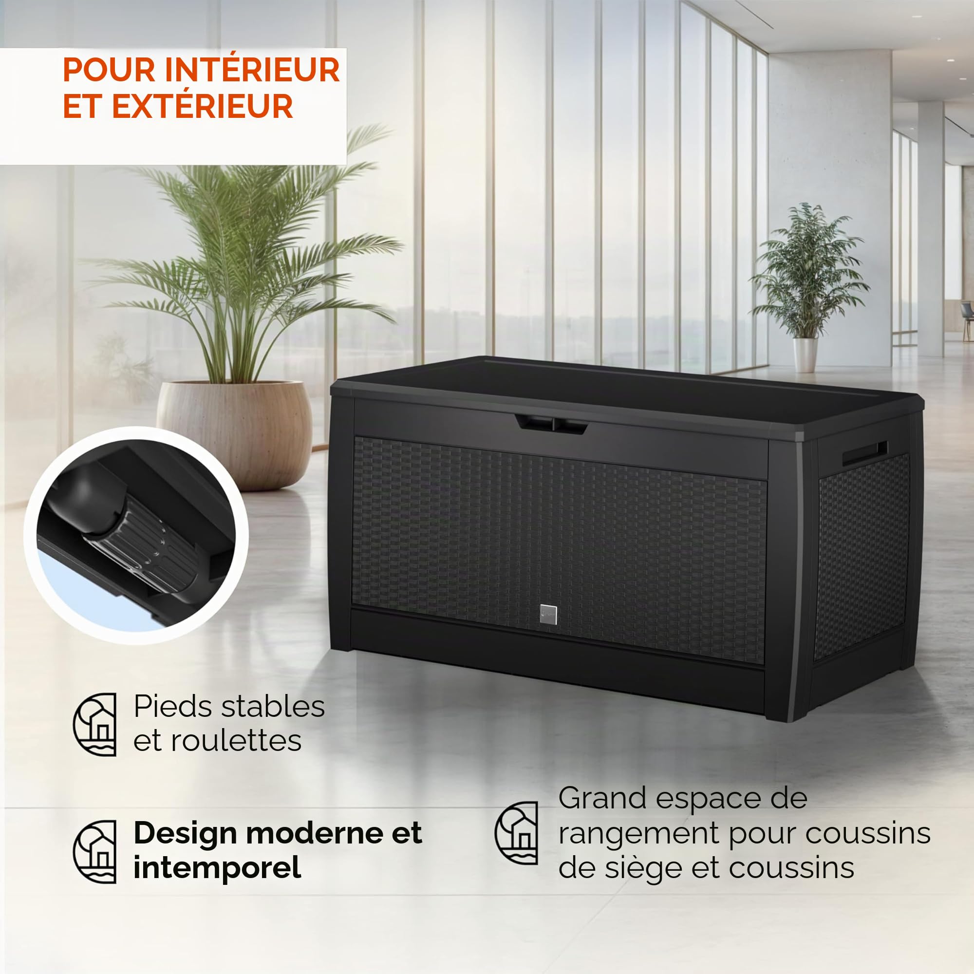 Casaria Caisse de rangement Exterieur Polyrotin Anthracite 310 litres Coffre de Jardin avec roulettes