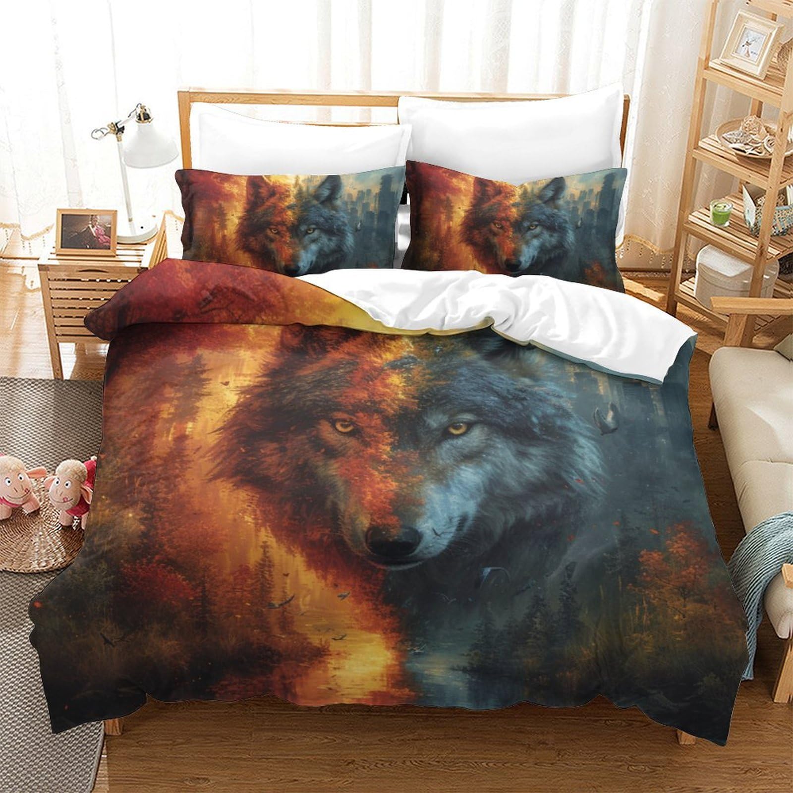 Housse de couette loup 3D 220x240 cm avec taies en microfibre
