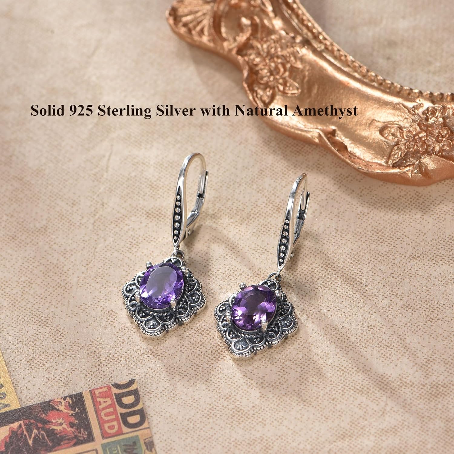 9x7MM Genuine Amethyst Dangle Earring for Women Vintage 925 Sterling Silver Natural Amethyst Earring Retro Jewelry for Her Wife Mom - Image 2