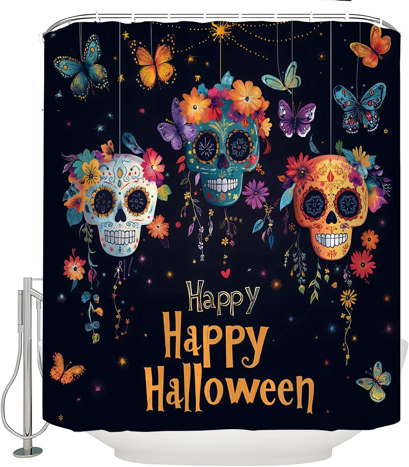 Day of The Dead Shower Curtain Gothic Halloween Mexican Gothic Sugar Skeleton Spooky Funny Skull Flower Butterfly Hispanic Style Abstract Holiday Bath Curtain with Hook,70x83.8 Inch