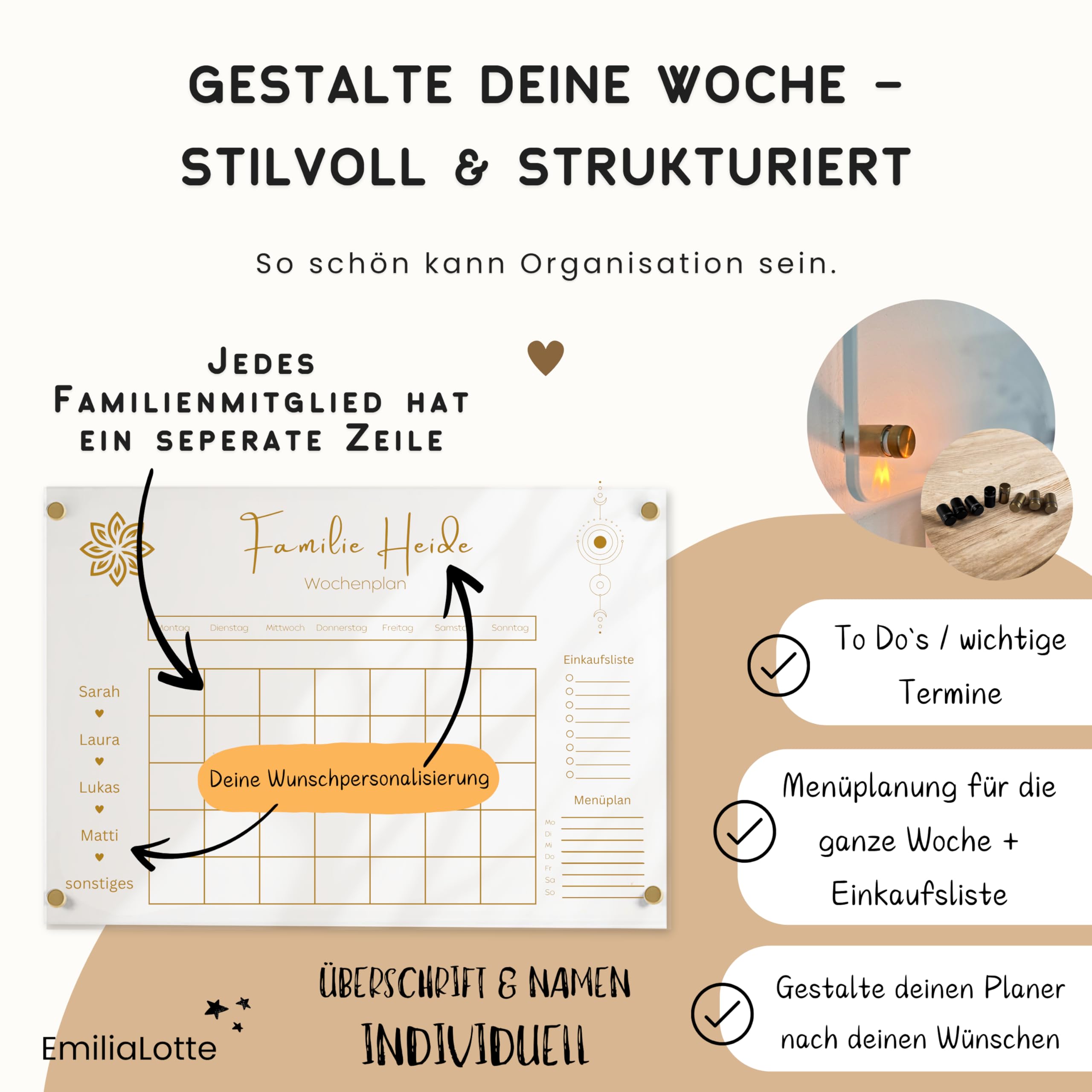EmiliaLotte Personalisierter Familienplaner aus hochwertigem Acryl I Abwischbarer Wand Kalender für die ganze Familie I Wiederverwendbarer Wochenplaner mit Einkaufsliste, Menüplan & Mehr - Esoterik