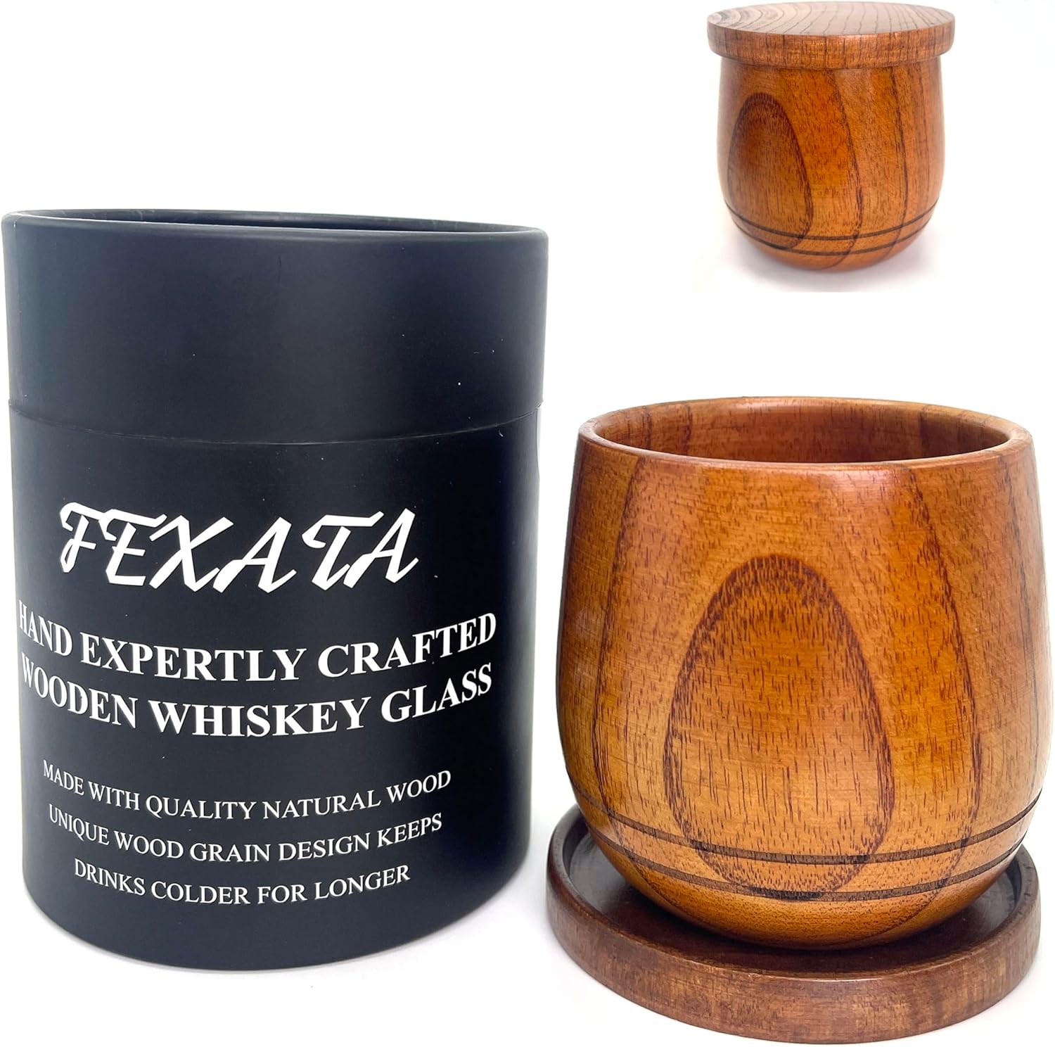 Vaso de whisky de madera hecho a mano, vaso de madera natural a la antigua, 10 onzas, 3.5 pulgadas, con portavasostapa de taza, taza de bourbon de