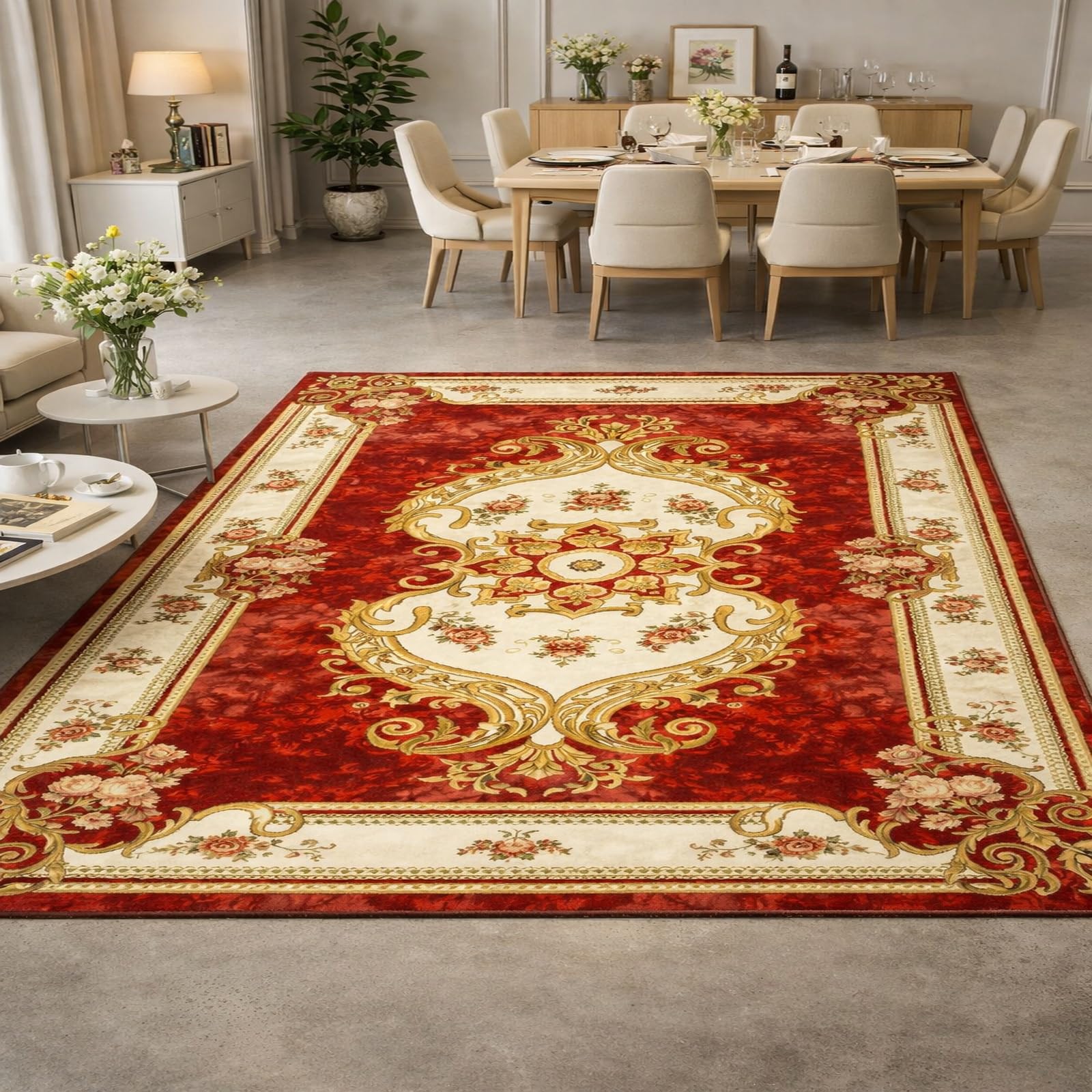 Tapis de salon 120x180cm rouge floral traditionnel lavable et antidérapant