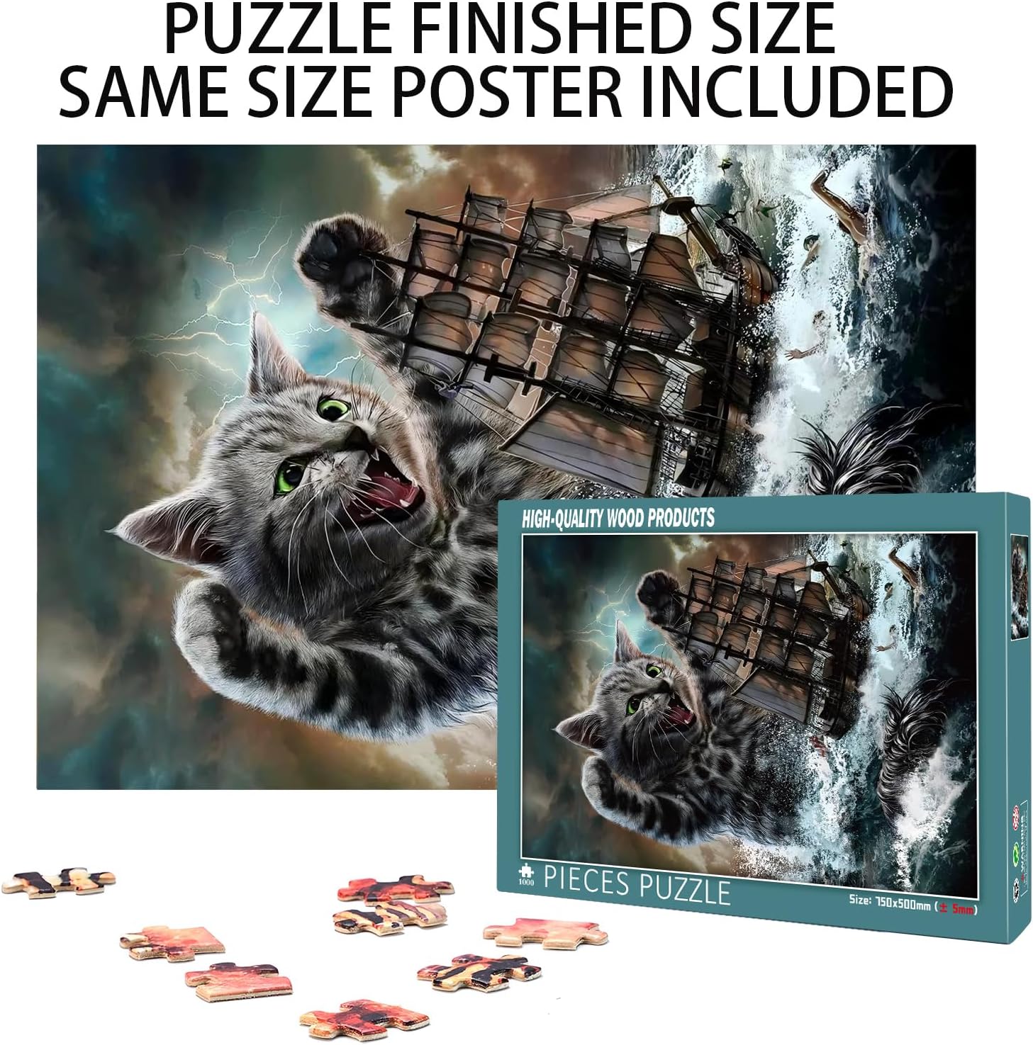 Challenge 1000 Pieces, sea Monster Titan cat. Wooden Puzzle for Adults, Family Fun, Relaxation, Decoration and Gift Giving. Jigsaw Puzzle Size: 29.5x19.7 inches and 1:1 Original Picture Poster