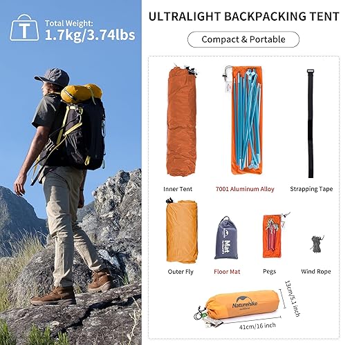 Miniatura 7 de Naturehike Cloud-Up - Tienda de campaña para 1 persona, tiendas ligeras para mochileros para un hombre, tienda de campaña ultraligera impermeable