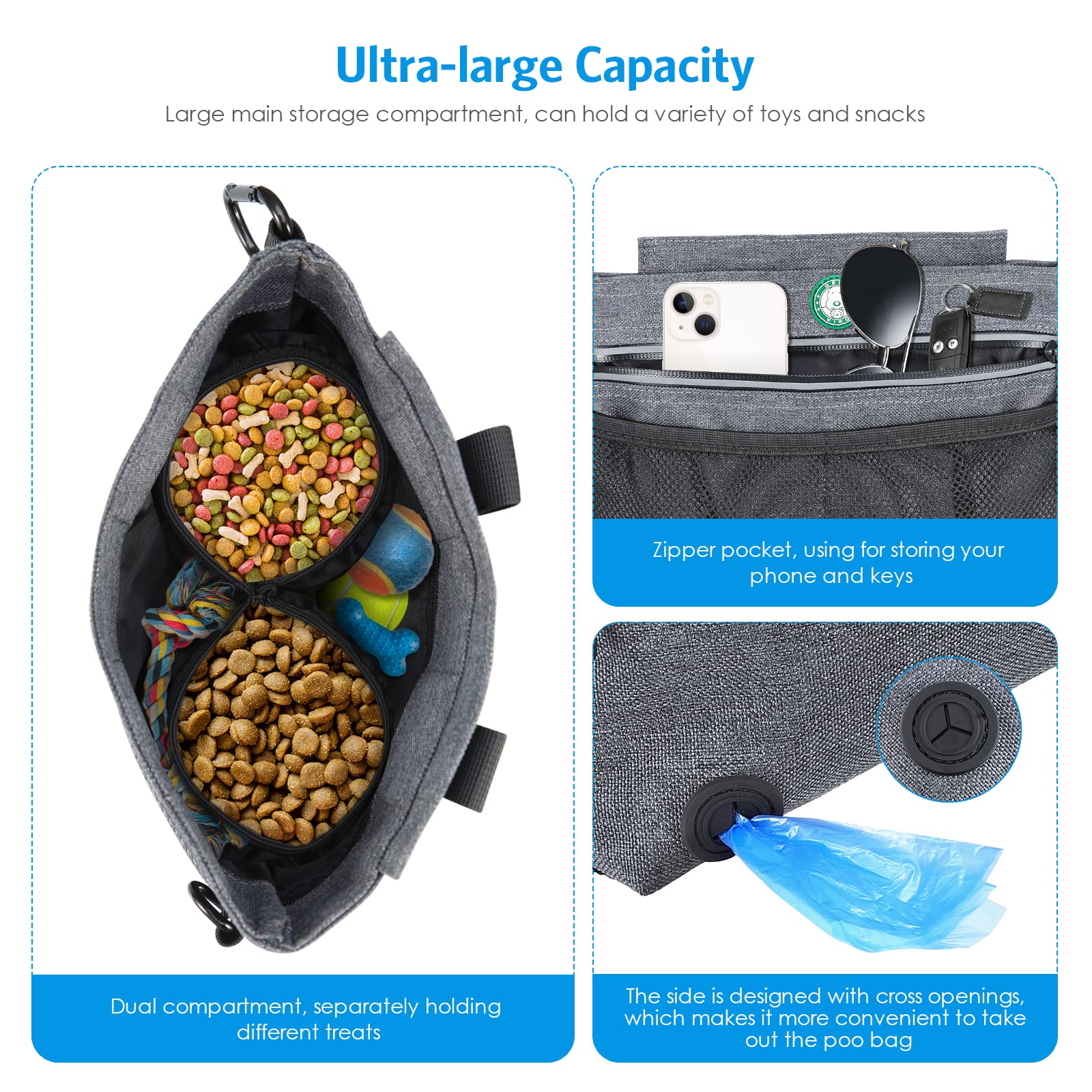 Brifit,Bolsa de entrenamiento para perros con cierre magnético, correas de transporte acolchadas integradas, dispensador de bolsas de excrementos para perros (1 rollo de bolsa de basura)