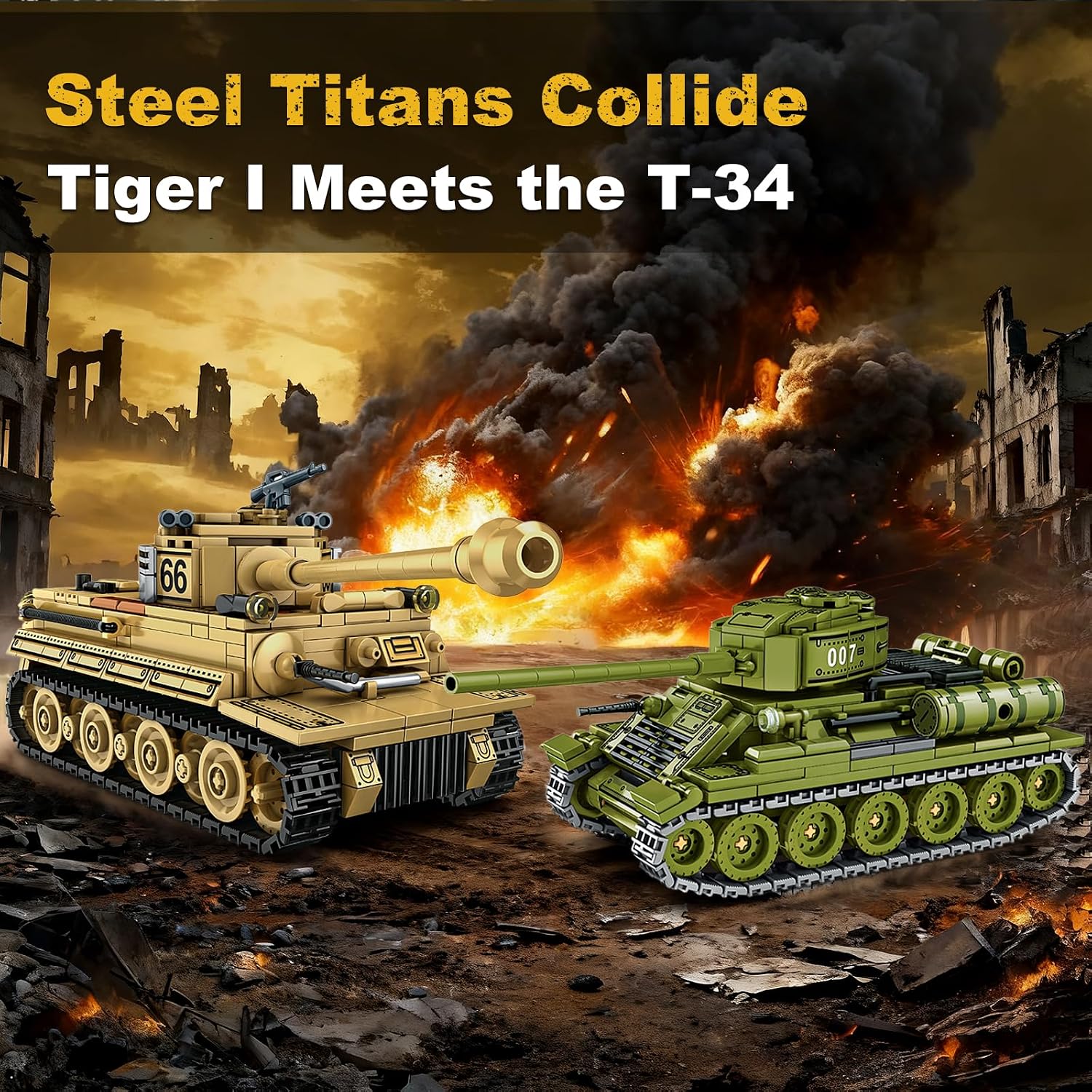 Sosuy WW2 Building Block Army Tank-Sets for Boys Men, 1:32 Movable German Tiger & Soviet T-34 Military Toys for Kids Ages 8+ Mini Cannon Vehicle Model History Birthday Gifts for Teen Girls 1030 Pieces