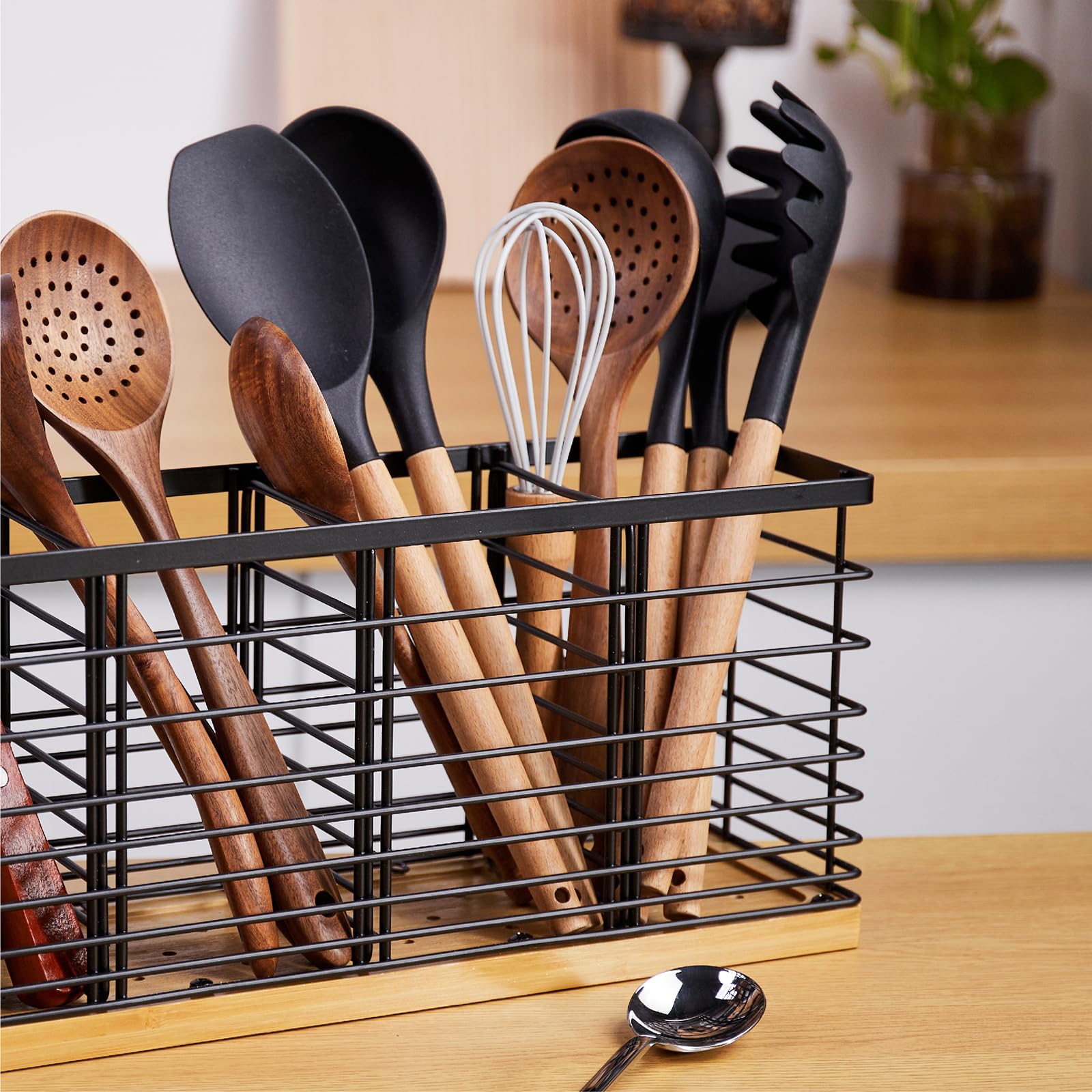 Large Utensil holder for Kitchen Counter- 15.7" x 4.2" x 6.9" Utensils Holder For Farmhouse Cooking, Utensil Caddy Spatula Holder (4 Compartments)
