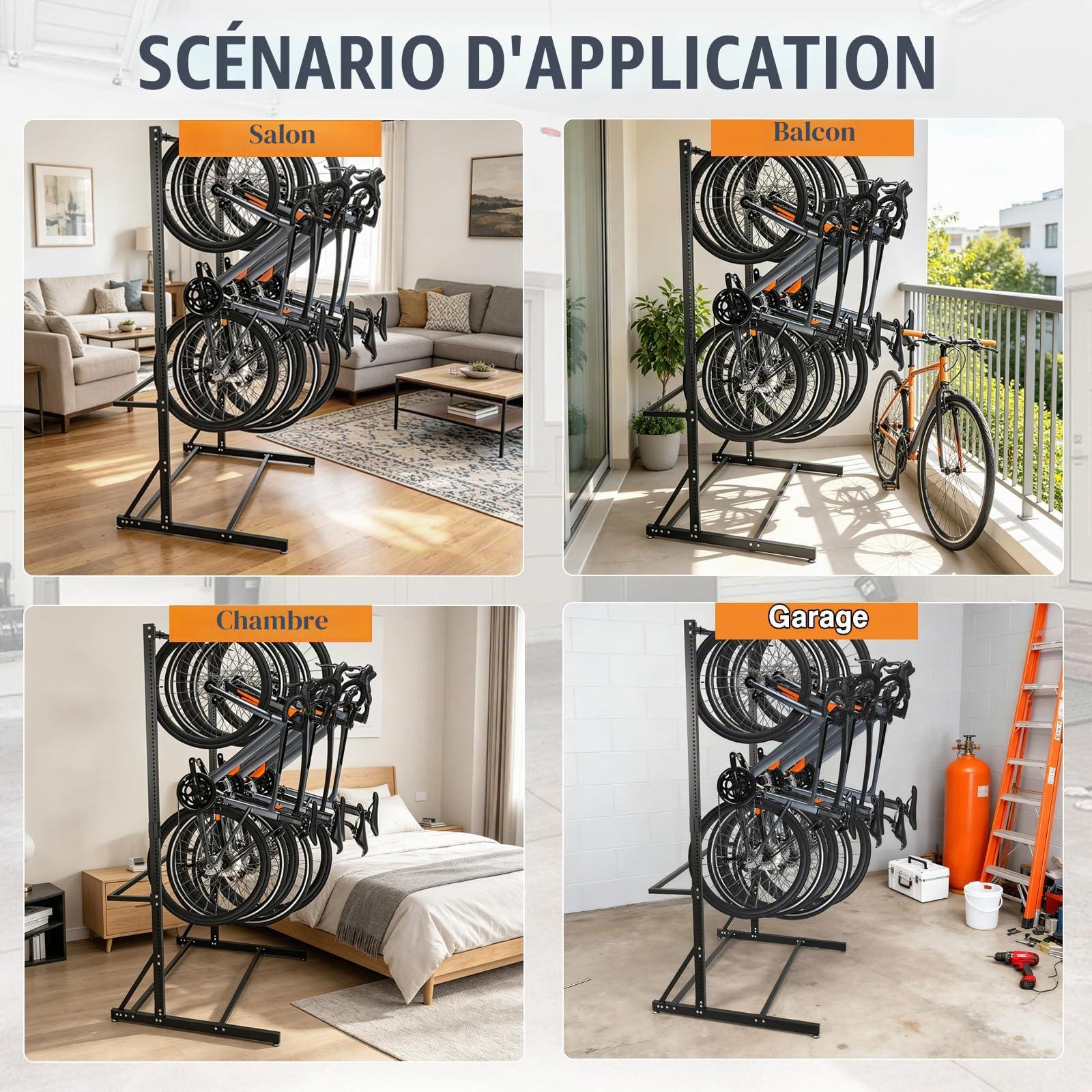 Support de vélo autonome pour 5 vélos, 160 kg Support de vélo vertical avec 5 crochets pour vélos et 6 crochets pour casques, support de vélo en métal pour garage, cave, magasin de vélos