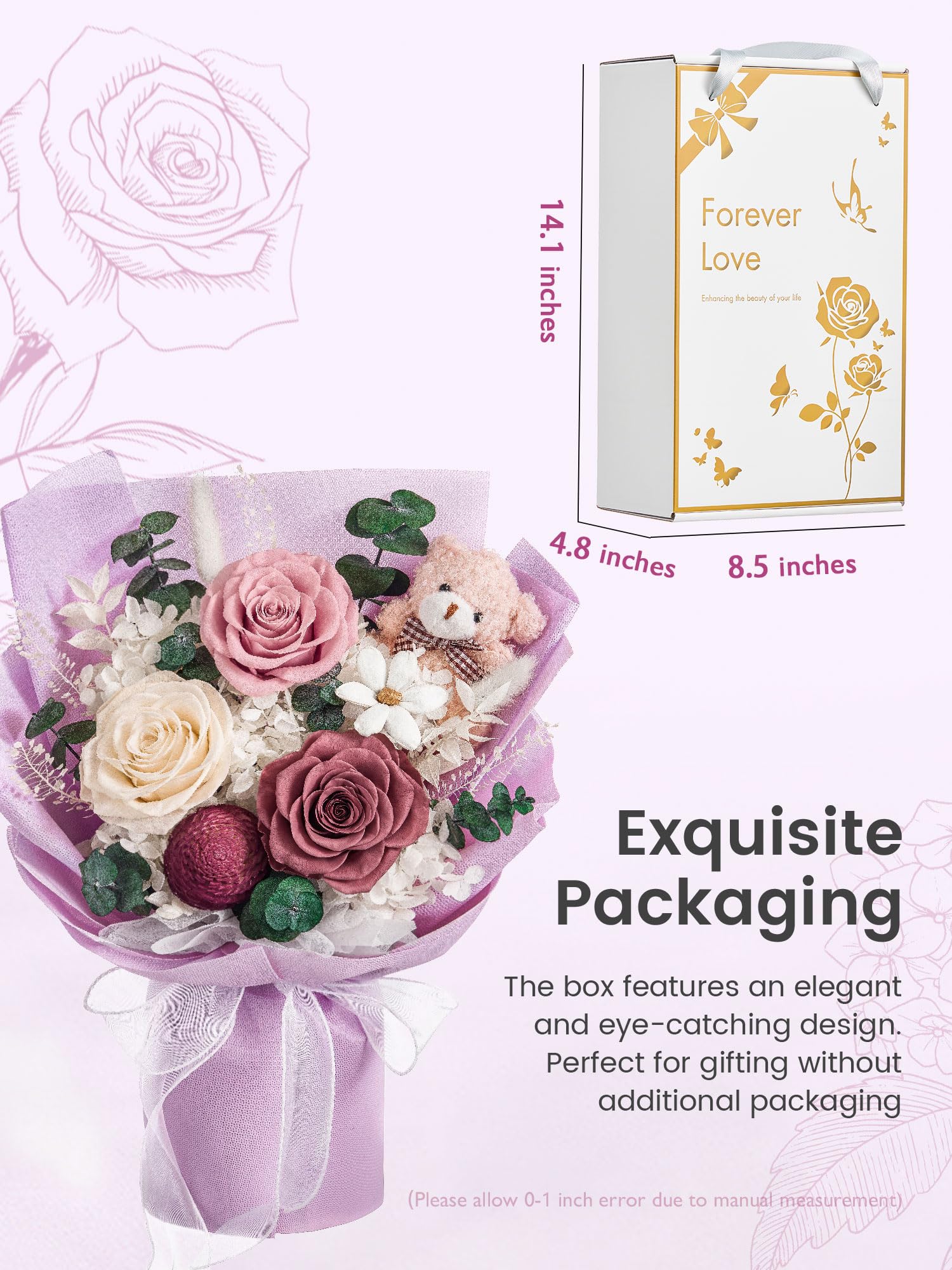 Ramo de flores preservadas de 3 piezas con caja de regalo de oso para esposa, madre, día de San Valentín, día de la madre, aniversario, cumpleaños (morado)