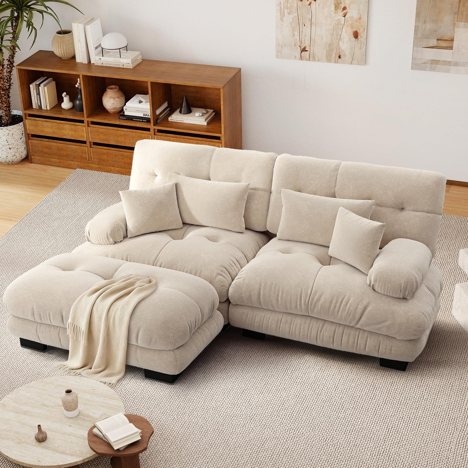 SoarFlash Sofá L Modular de 2 plazas para salón Moderno, sofá Nube de Tela Chenille con reposabrazos, marrón Claro, 145×220cm