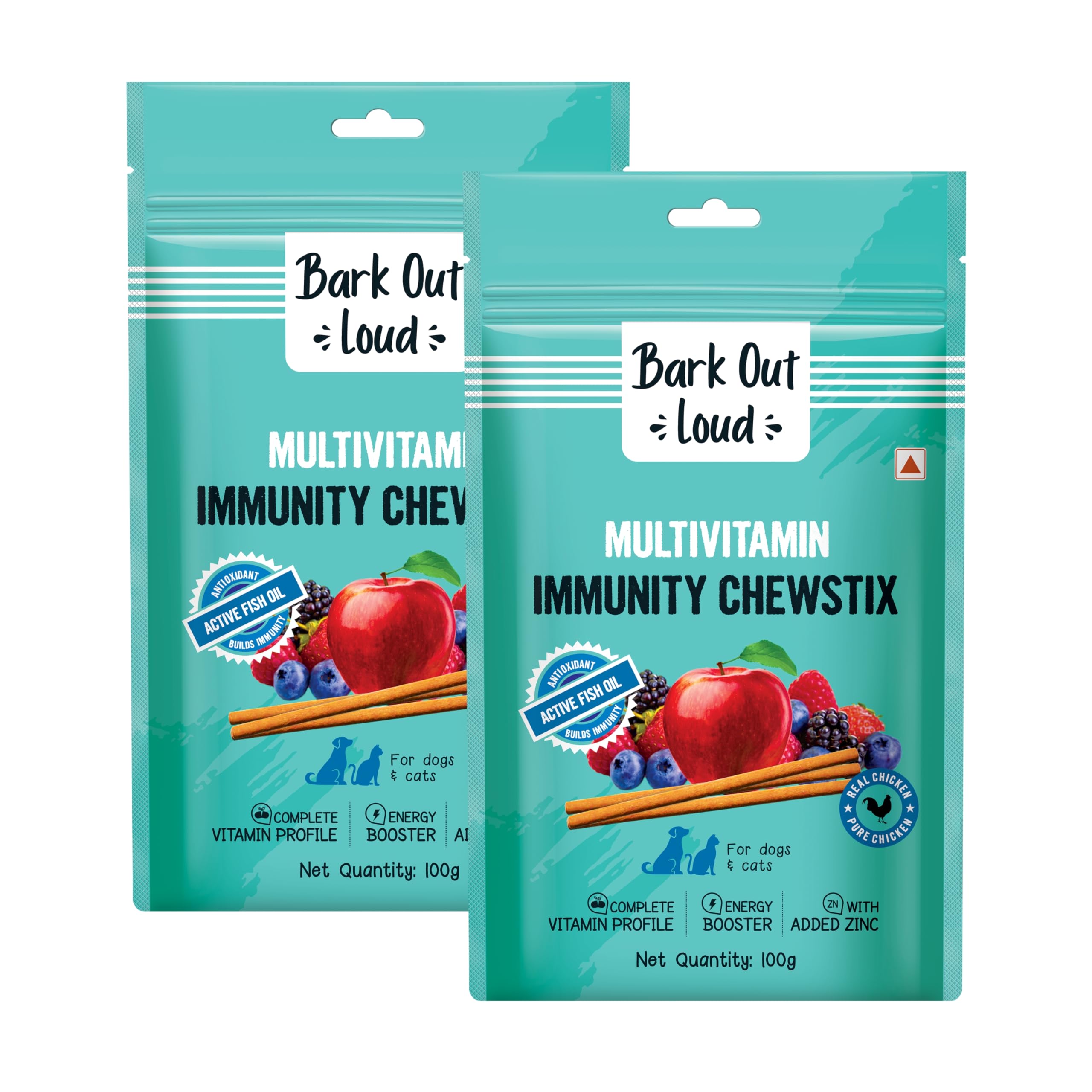 BARK OUT LOUD - Multivitamin Dog Treats, Fresh Chicken Immunity Chewstix Stick with Omega & Zinc to Boost Health & Vitality for Dogs & Cats of All Life Stages - 100gm Each (Pack of 2)