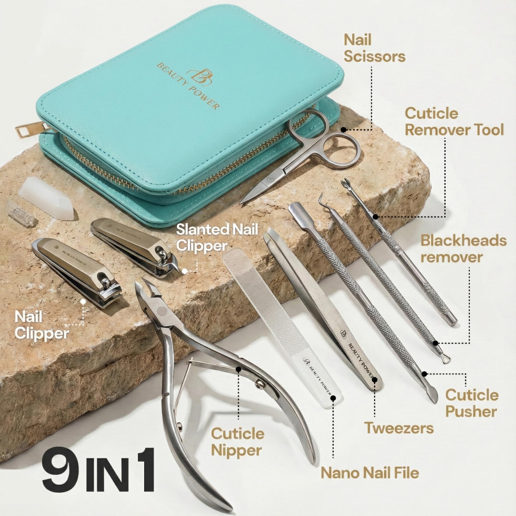 Beauty Power 9-in-1 professionelles Maniküre-Pediküre-Set – Nagelknipser aus Edelstahl, Nanofeile, Nagelhautzange, Schere, Pinzette, Reise-PU-Lederetui für Männer und Frauen, Geschenk bereit (blau)