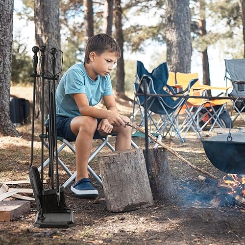 Vista 34 de Tangkula Juego de chimenea de 5 piezas, rústico, resistente, compacto, de hierro forjado, juego de herramientas con pedestal, herramienta de hogar