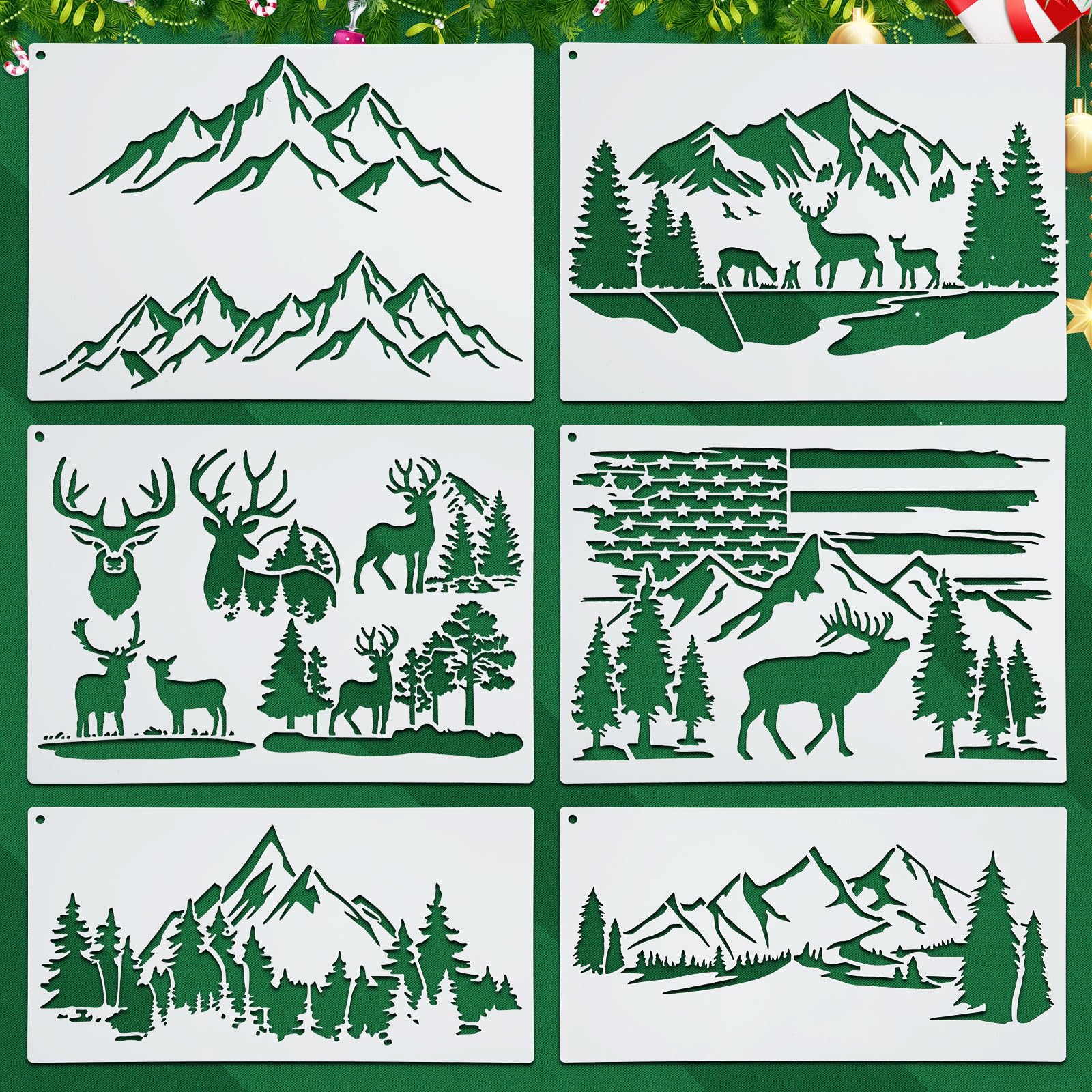 6pcs Scenery Stencils, Mountain Stencils for Painting on Wood Burning Template Reusable Nature Deer Forest Stencil for Craft Wall Furniture Decor