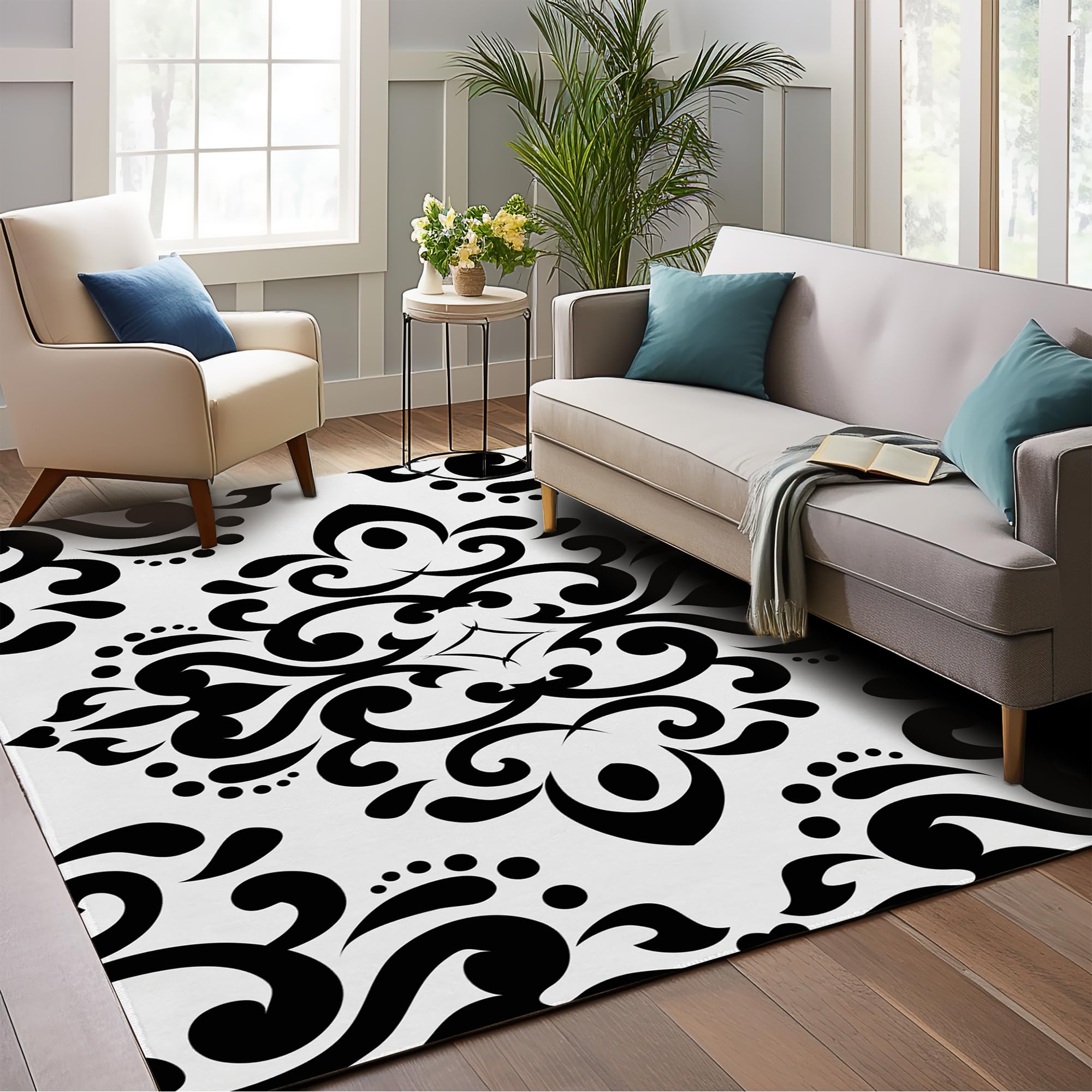 Abstract Black and White Floral Ares Rugs for Living Room Washable Area Rug 5x7 Large Non-Slip Soft Low Pile Carpet Rug for Bedroom Office Entryway