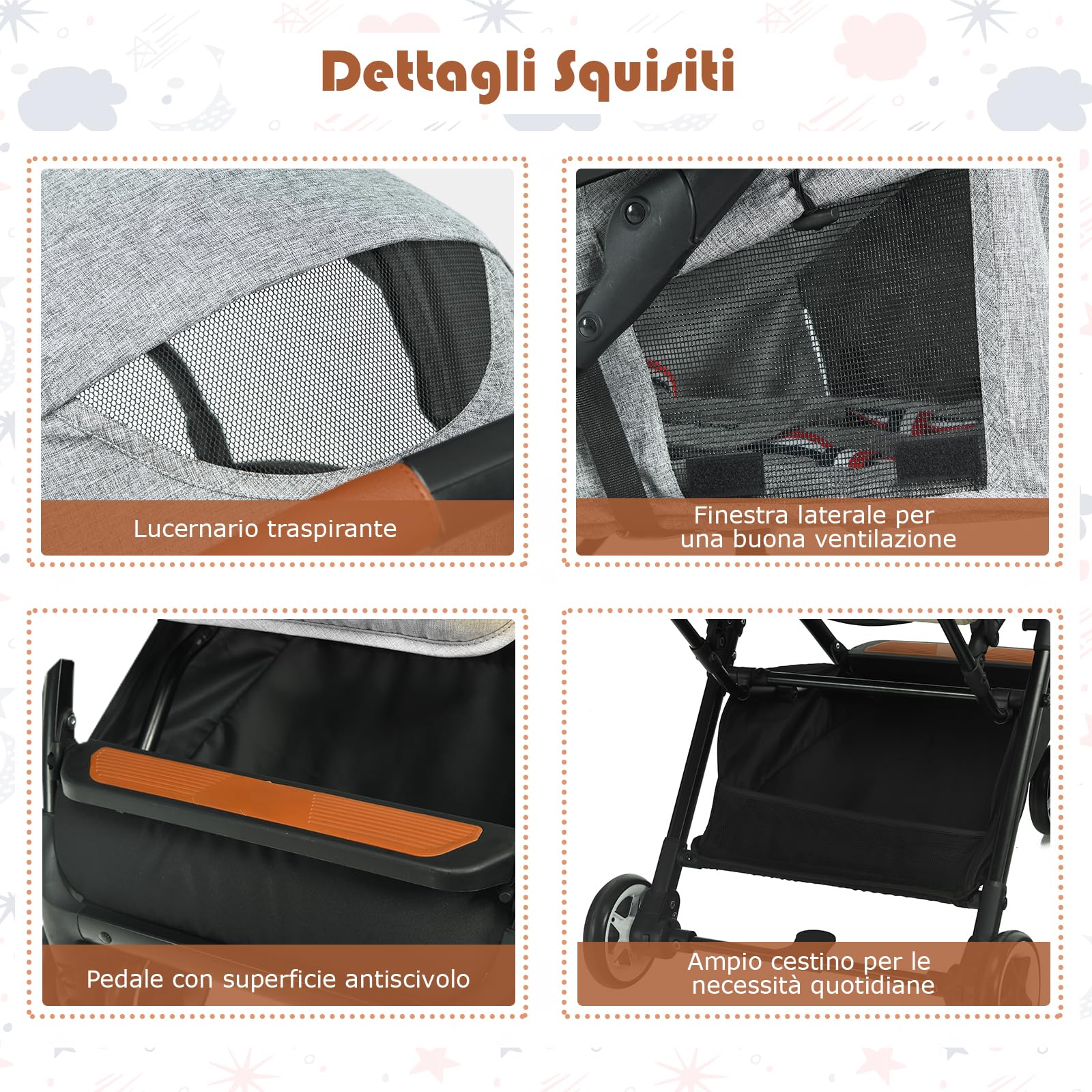 RELAX4LIFE Passeggino Leggero per Bambole 0-3 Anni, Passeggino Pieghevole con Una Mano, Telaio in Alluminio, Schienale Regolabile, Passeggino da Viaggio con Zanzariera e Cinture 5punti (Grigio)