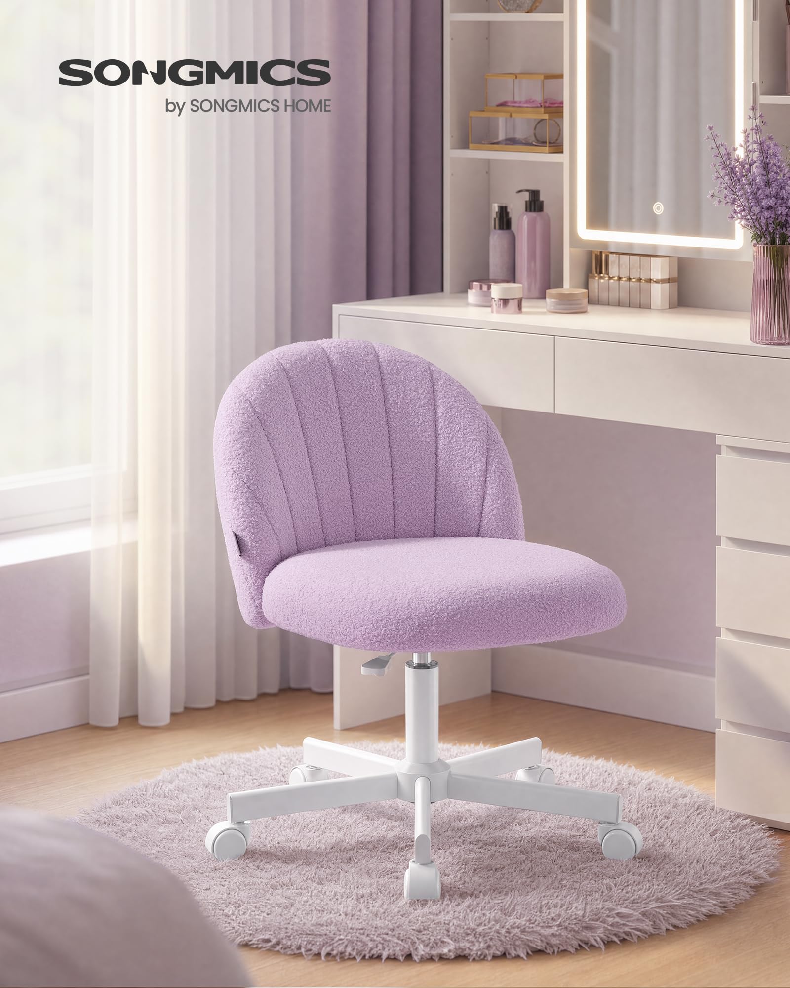 SONGMICS Homeoffice-Stuhl, Schminkstuhl aus Teddy-Fleece, Schreibtischstuhl, Schaumstoffpolsterung, höhenverstellbar, für Arbeitszimmer, Schlafzimmer, Ankleidezimmer, lila OBG027P101