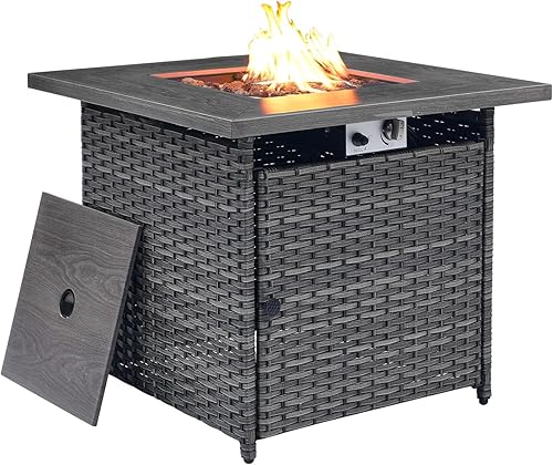 HUMMUH Mesa cuadrada de propano de 30 pulgadas, fogata de gas al aire libre de 50,000 BTU con tapa y roca de lava, mesa de acero 2 en 1 para porche,