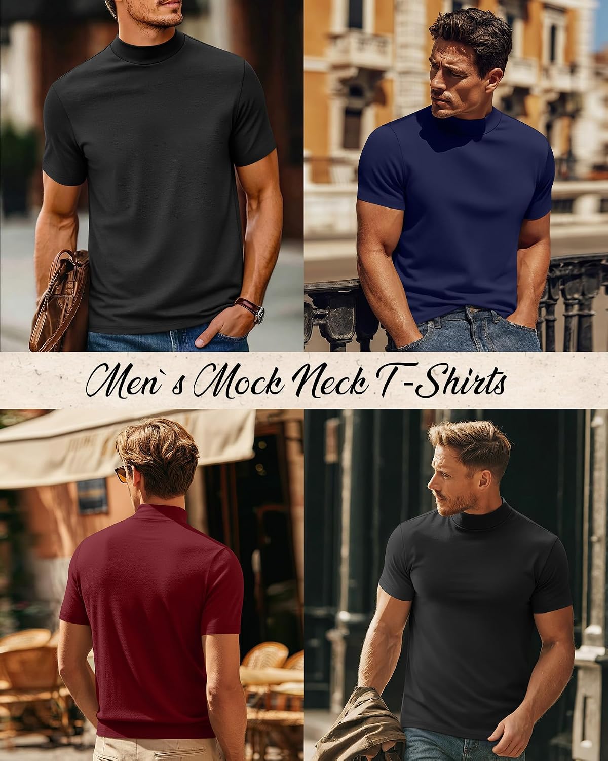 August Alley 3 Pack Men's Mock Neck T Shirts Short Sleeve Mock Turtleneck Undershirt Pullover Tops Casual Summer Basic Tees