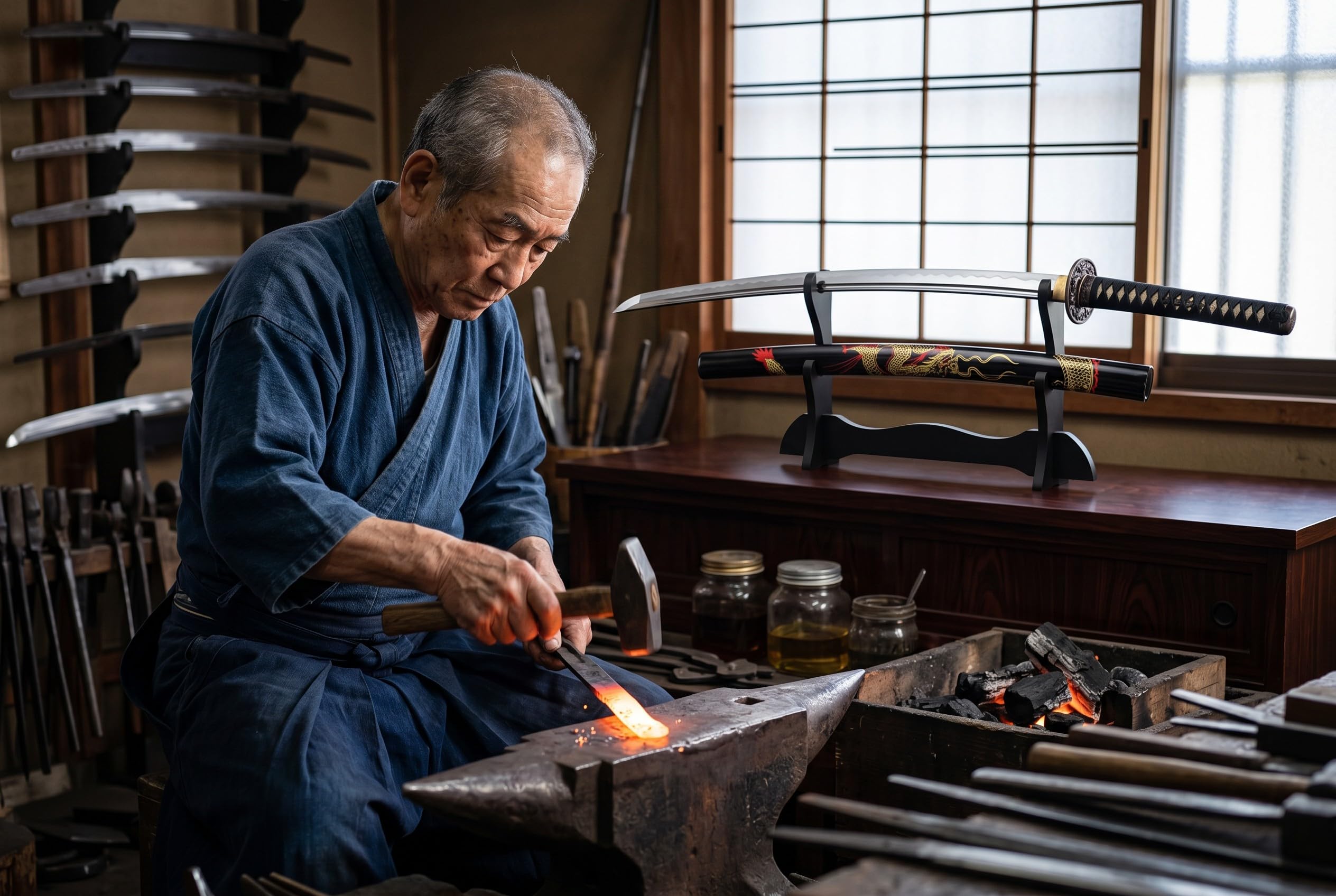 Drachen Katana Schwert scharf echt zum Training Metall Dazu der Ständer Stahl 1060 Samurai 100% Handarbeit nur für Erwachsene - 18 Jahre erforderlich 4KM91-409BKA