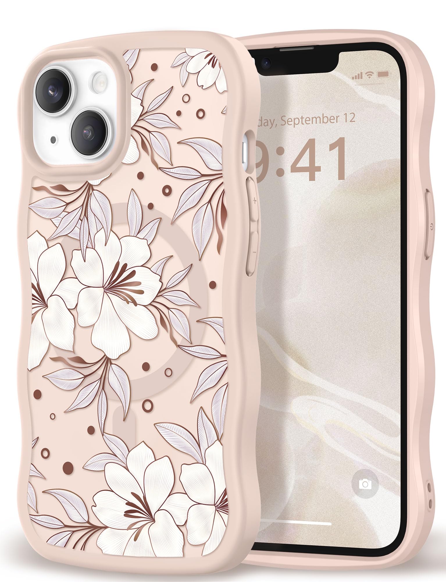 GVIEWIN for iPhone 14 Case & iPhone 13 Case [Compatible with MagSafe] [Curly Wave Edge] Floral Translucent Magnetic Slim Shockproof Protective Phone Cover for Girls Women 6.1'', Azalea/Champagne