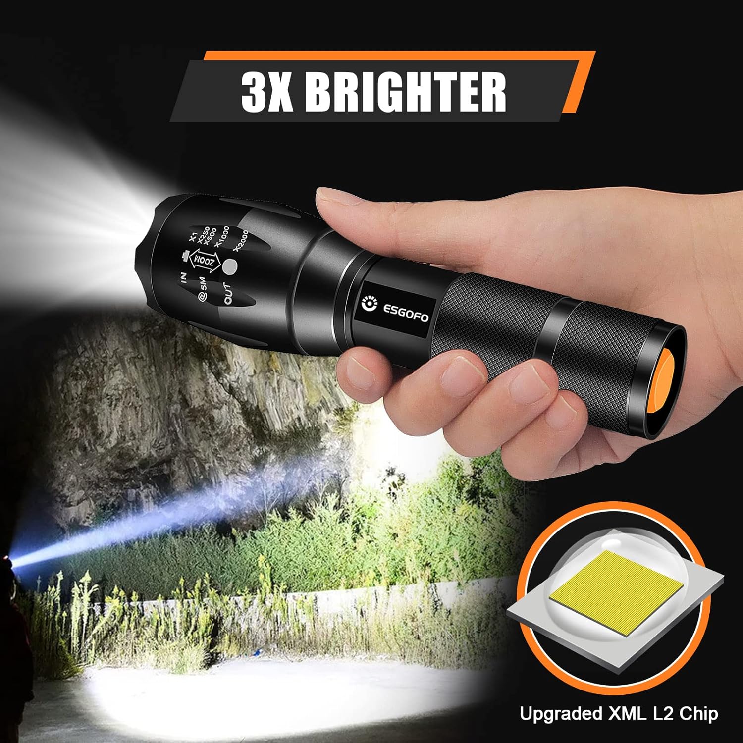 Esgofo LED Tactical Flashlights 2 Pack Bright Powerful EDC 3000 Lumen Handheld Tac Flash Lights, High Lumens Pocket Linterna, XM-L2, 5 Modes, Waterproof, for Survival Emergency Camping - - 