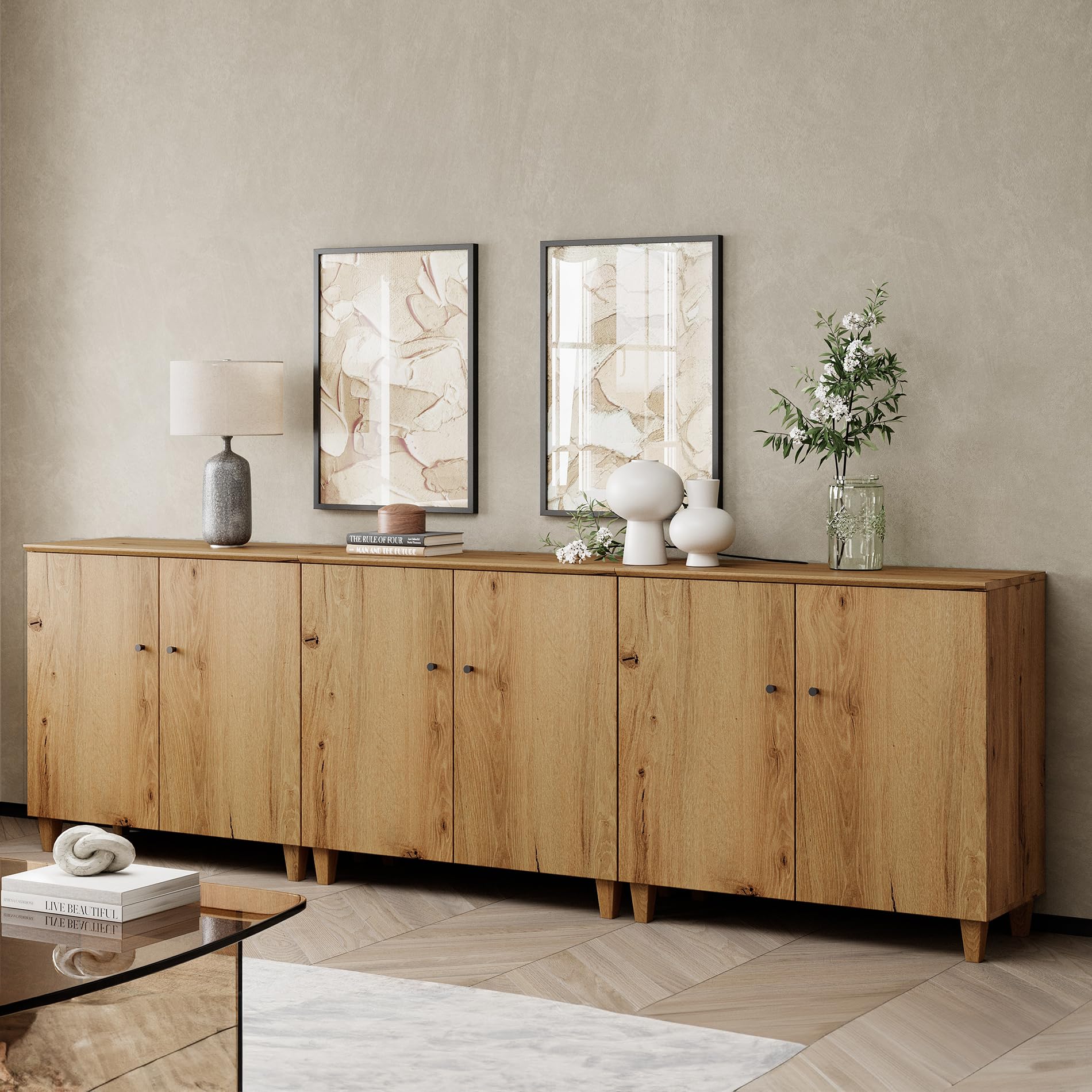 WAMPAT TV Stand Cabinets for 85+ Inches TVs, 3-in-1 Wood Entertainment Center with Doors and 9 Compartments, 106" Modern Media Console Table with