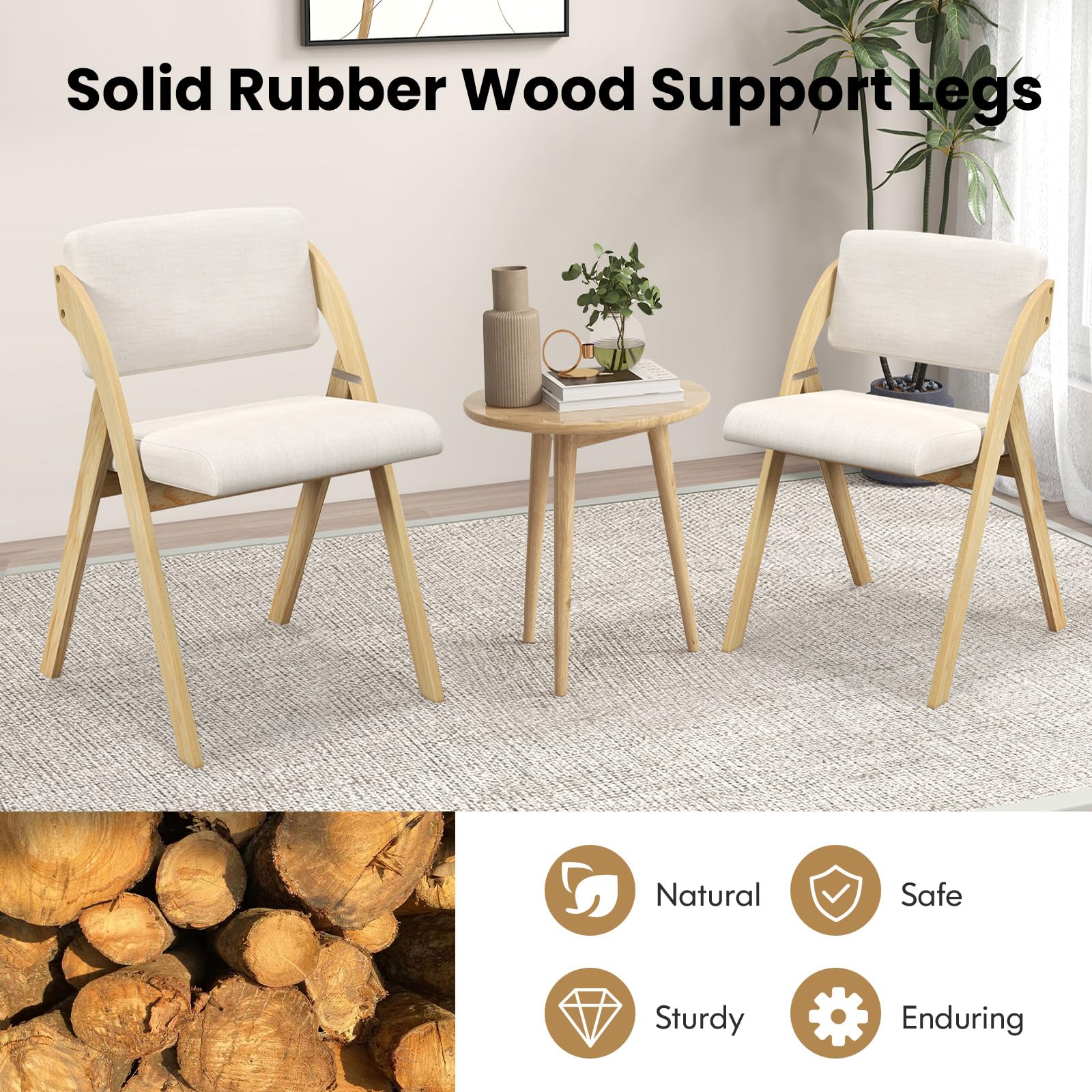 HOMASIS Set di 2 Sedie Pieghevoli da Sala da Pranzo, Poltrona da Salotto con Seduta e Schienale Imbottiti, Sedia da Cucina con Gambe in Legno Massello per Ufficio, 56 x 53 x 76 cm (Naturale)