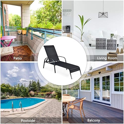 Miniatura 7 de COSTWAY Silla de salón de patio al aire libre, tumbona, tela ajustable, reclinable, reposabrazos para piscina (negro)