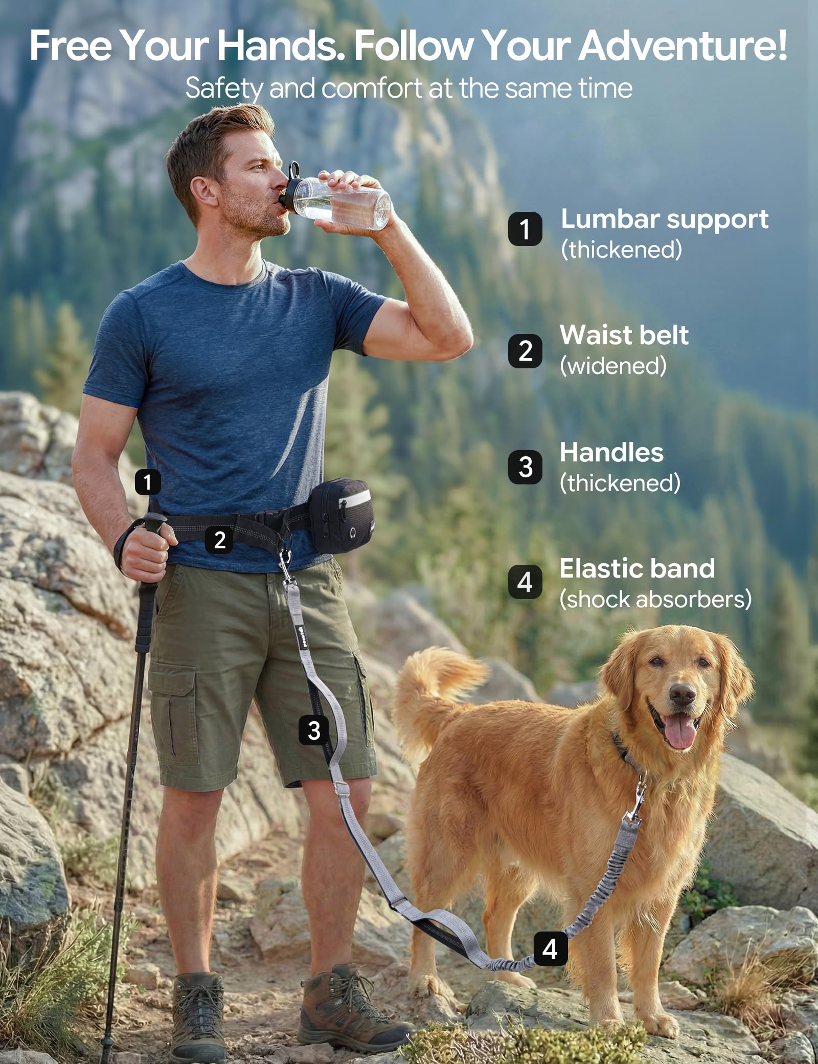 Pecute Guinzaglio Mani Libere per Cani con Borsello, Media/Grande 15-55kg | Guinzaglio Vita Anti Tiro con Corda Elastica, Doppio Manico Riflettente per Corsa Jogging Addestramento
