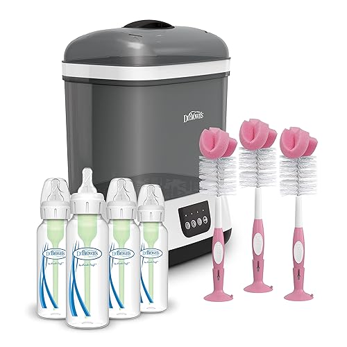 Dr. Brown's Clean Steam - Esterilizador y secador de biberones y chupetes, opciones anticólicos + biberones de 8 onzas, 0.0 ft+ nivel 1, pezón de 4