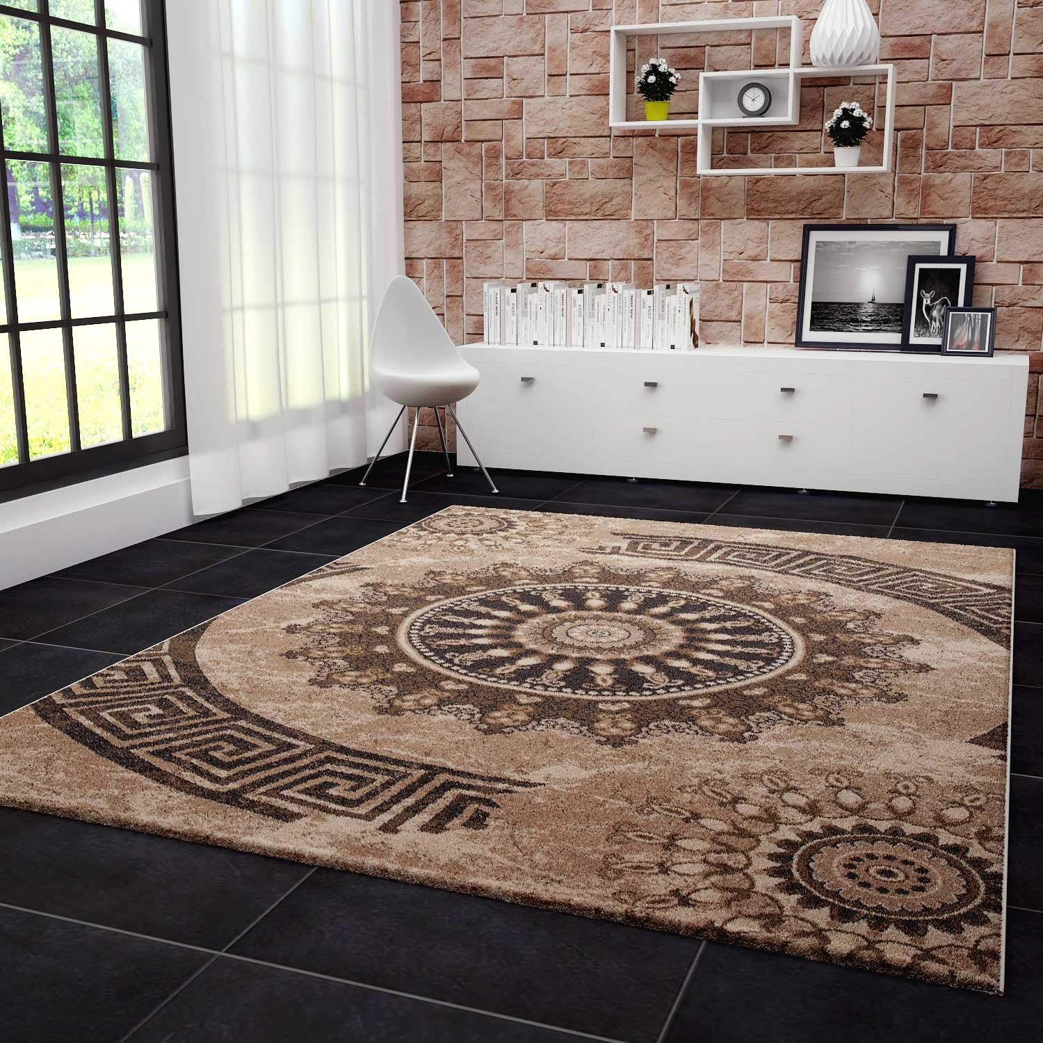 VIMODAtibet6447 Carpet Classic Patterned Circle Dich Woven Mottled Ornaments Pattern Brown/Beige/Black - multicoloured, 120 x 170 cm