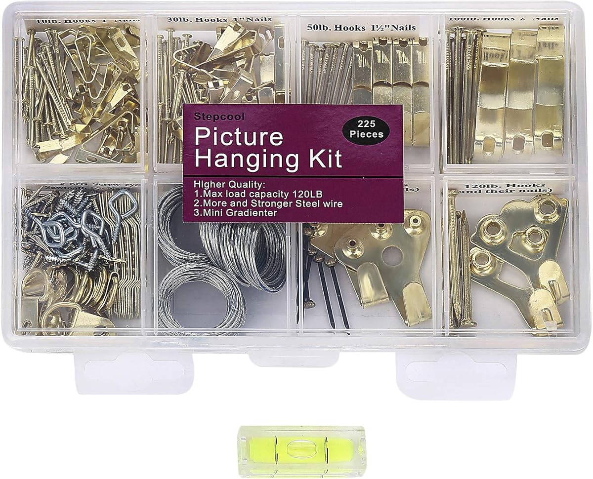 Picture Hangers, Picture Hanging Kit, 225pcs Heavy Duty Frame Hooks Hardware with Nails, Hanging Wire, Screw Eyes, D Ring and Sawtooth for Wall Mounting