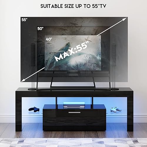 Miniatura 6 de Soporte de TV LED negro para TV de 55 pulgadas, moderno centro de entretenimiento para juegos, pequeños soportes de televisión con estantes de