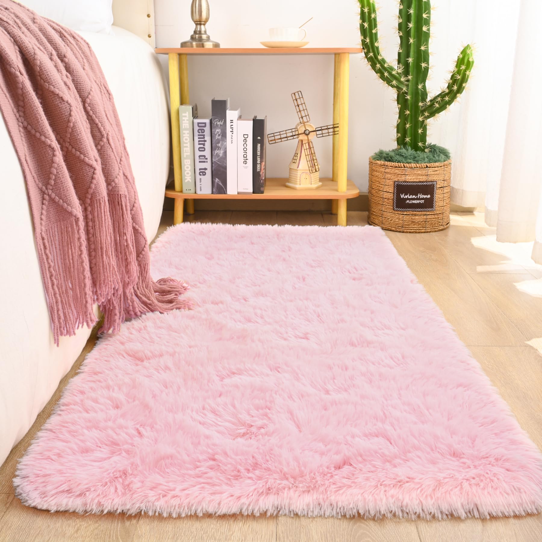 Keeko Pink Runner Rugs for Bedroom Girls Room, 2x6 Fluffy Bedside Kids Room Rug Shag Cute Indoor Baby Rugs Fuzzy Modern Area Carpet for Teen Kid Girl